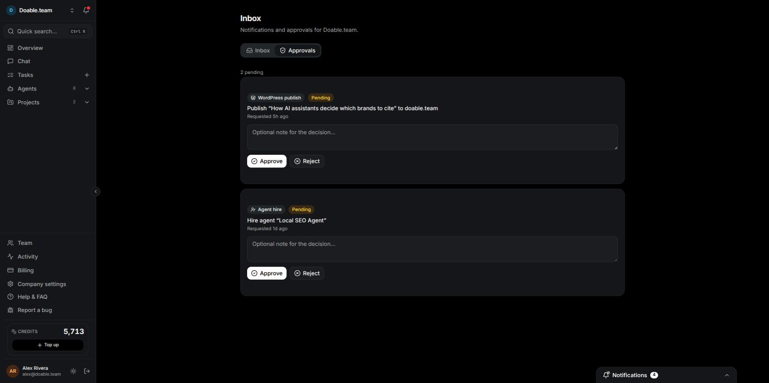 The Approvals tab in Visibility showing pending approval cards with Approve and Reject buttons and the collapsed Resolved accordion