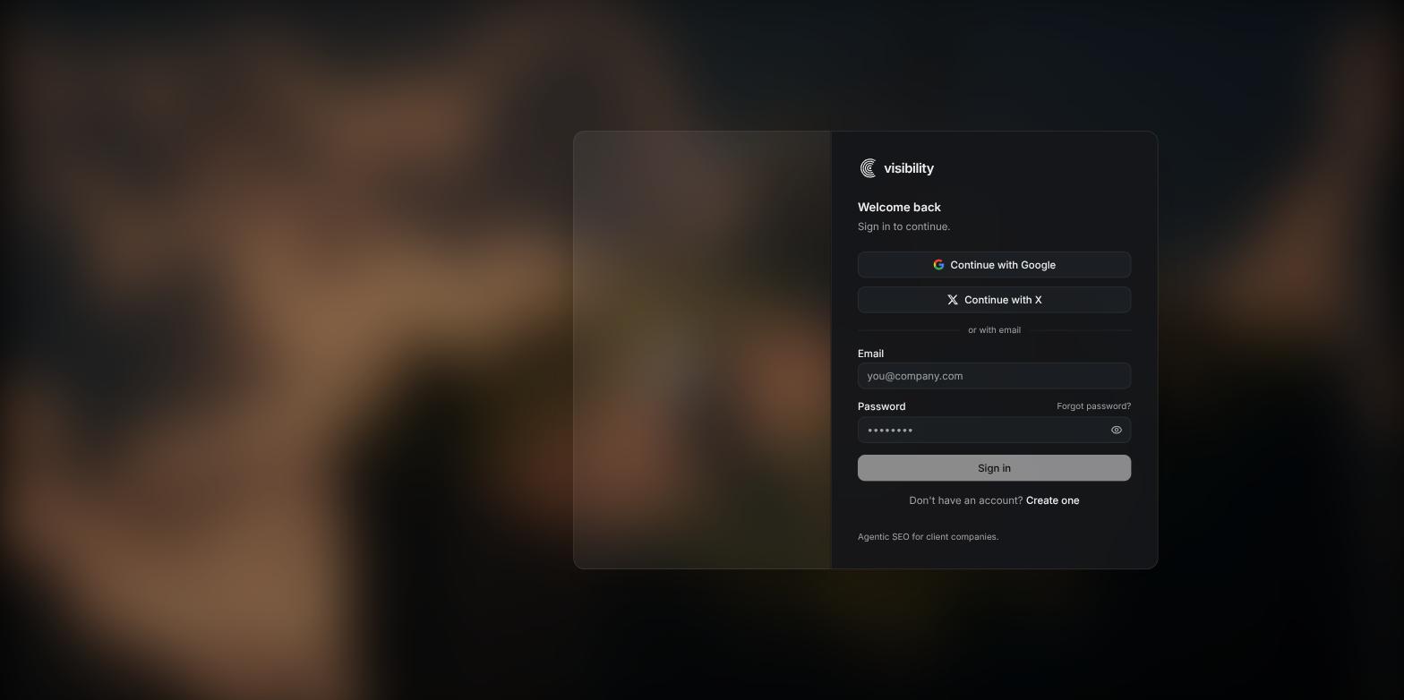 The Visibility sign-in page with Continue with Google, Continue with X and the email and password fields