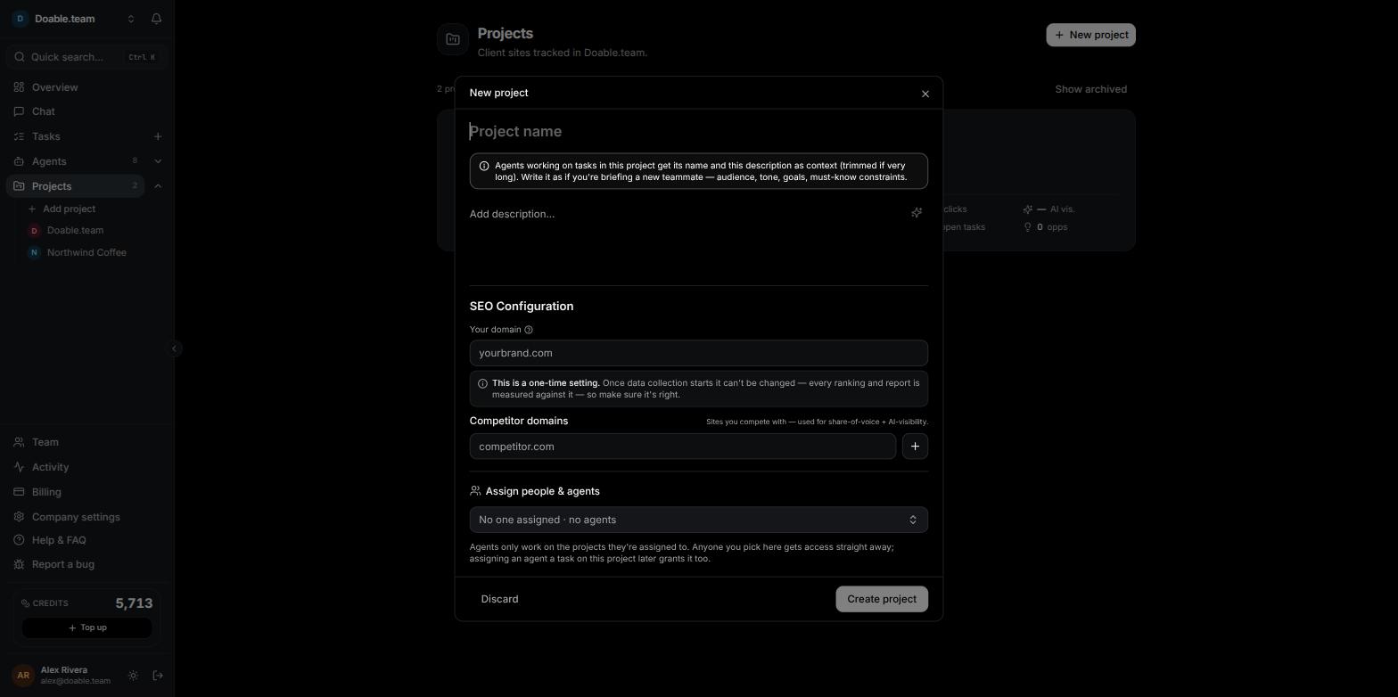 The New project dialog showing Project name, Your domain, Competitor domains and Assign people & agents