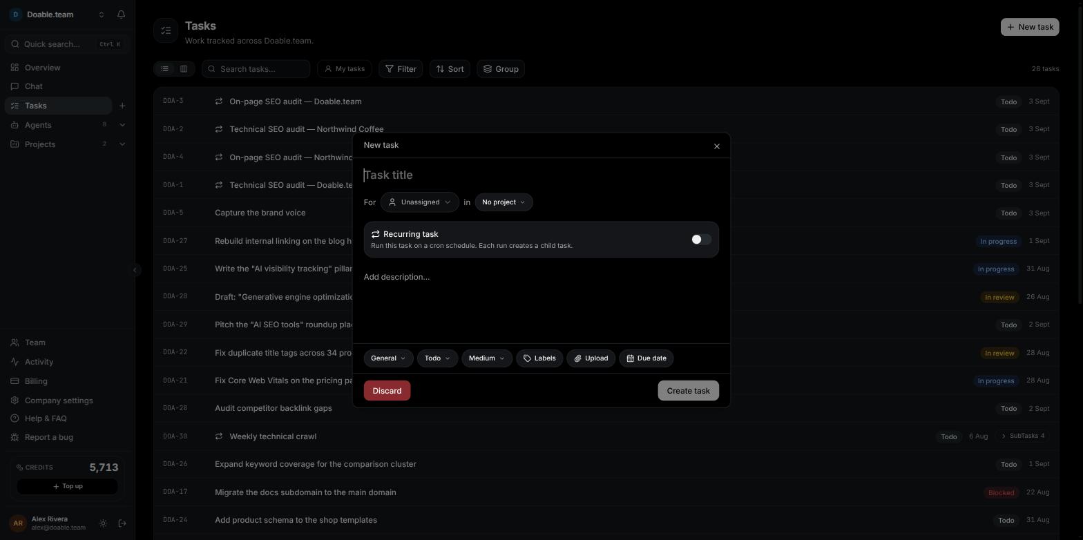 The New task dialog with a title, an agent and a project selected