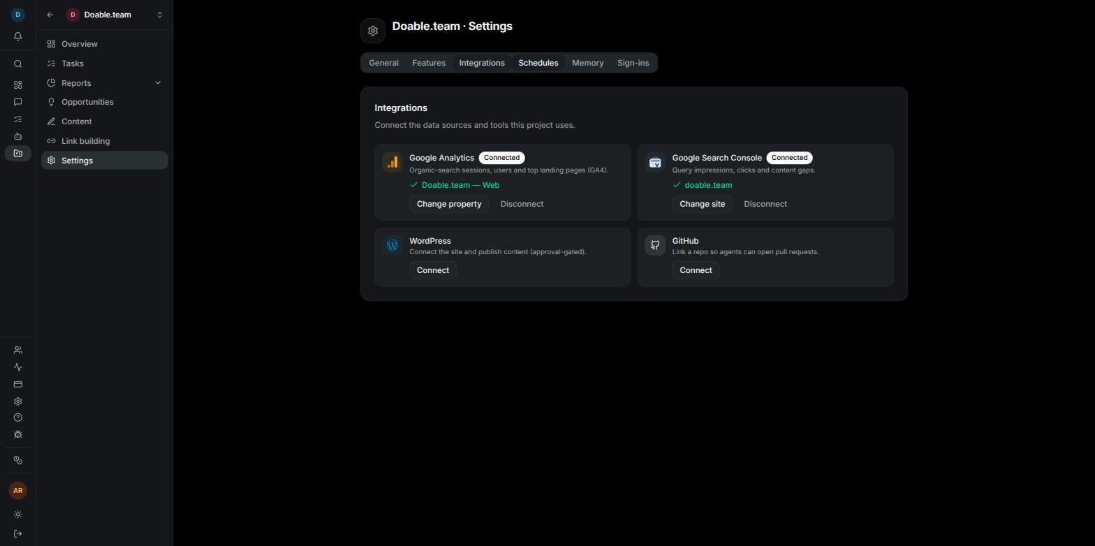 The project Integrations tab showing the Google Analytics, Google Search Console, WordPress and GitHub tiles