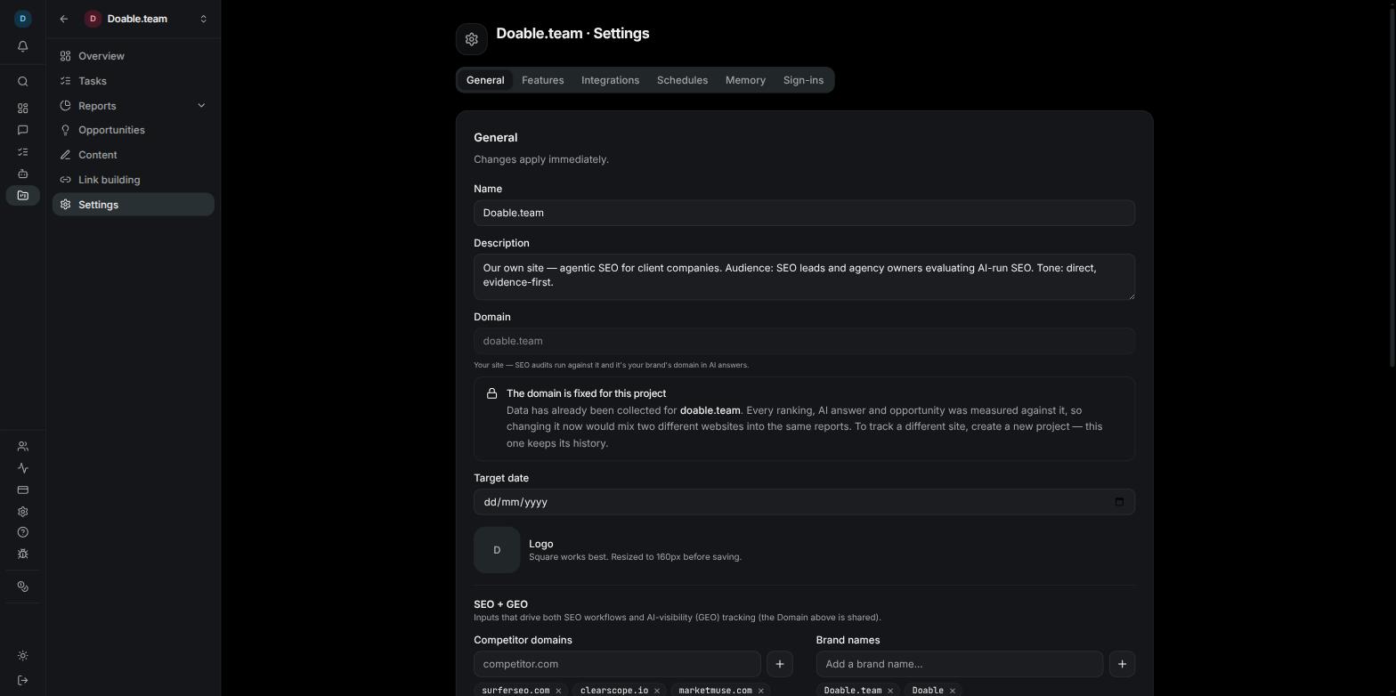 Project settings with the General, Features, Integrations, Schedules, Memory and Sign-ins tabs