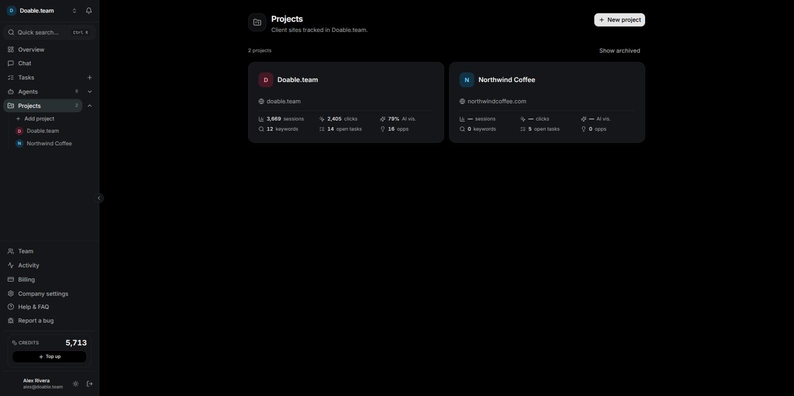 The Projects page showing project cards with domain, sessions, clicks, AI visibility, keywords, tasks and opportunities