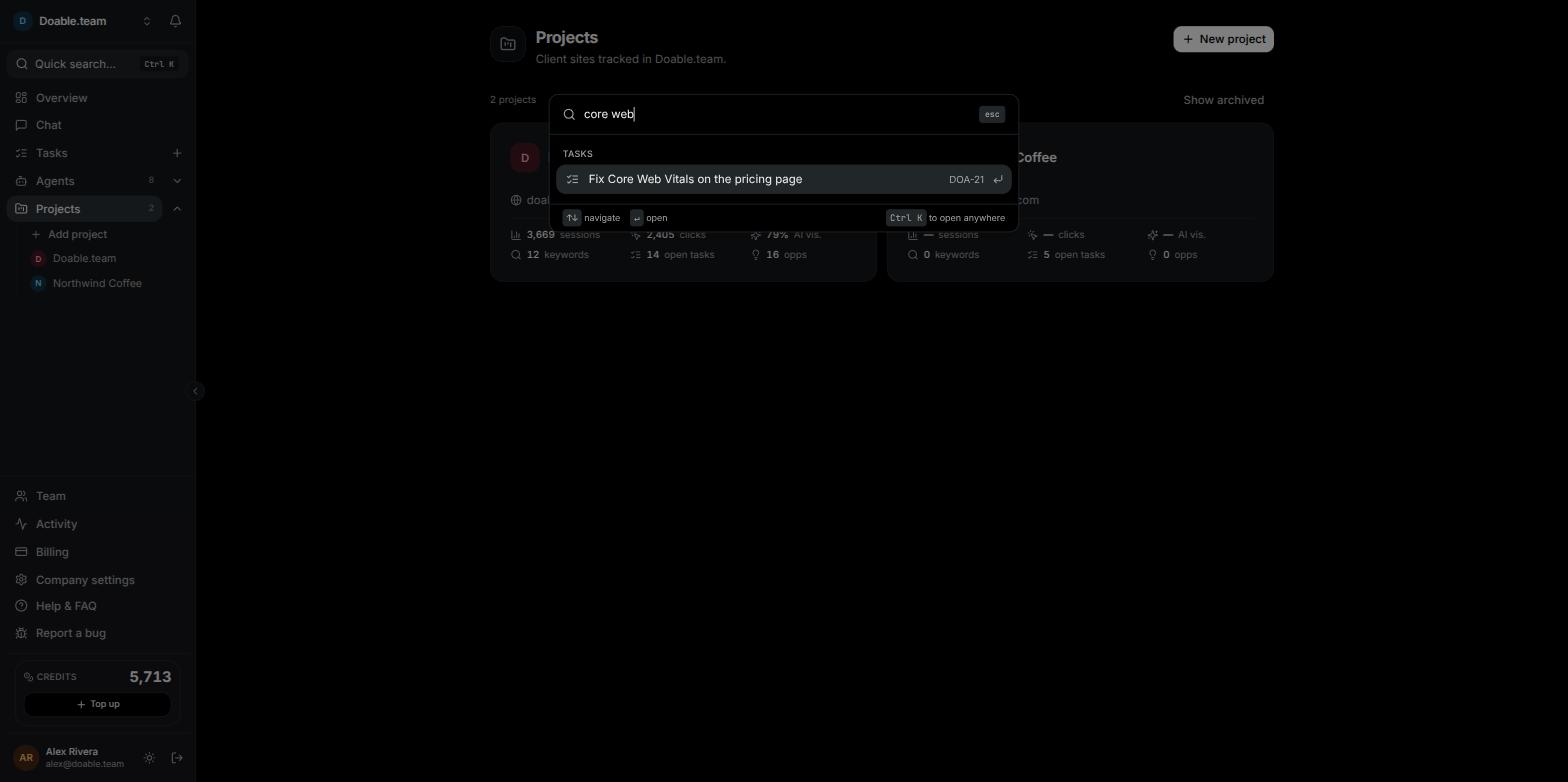 The Quick search dialog with the Actions and Pages groups
