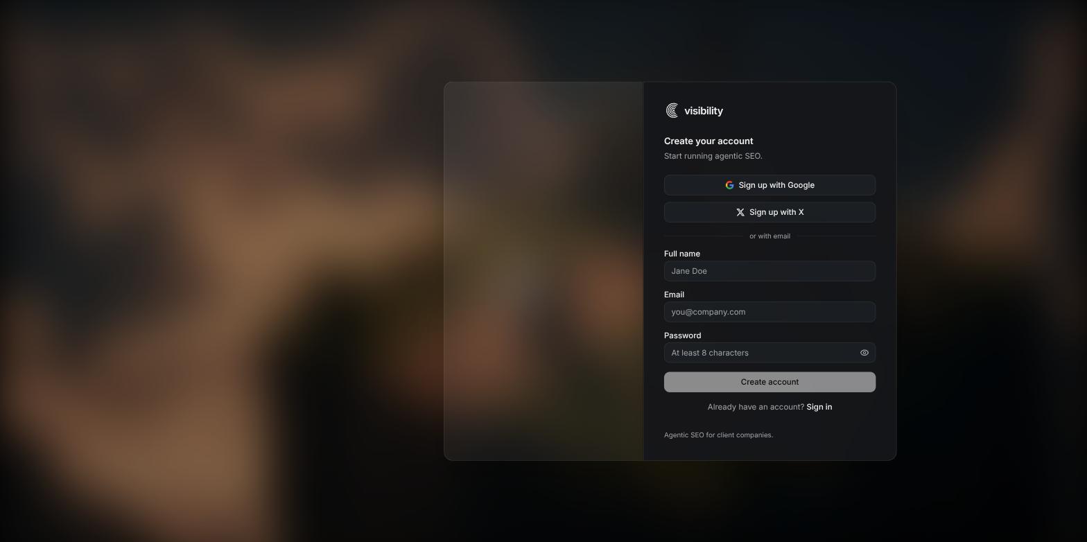 The Create your account form with Sign up with Google, Sign up with X, and the name, email and password fields