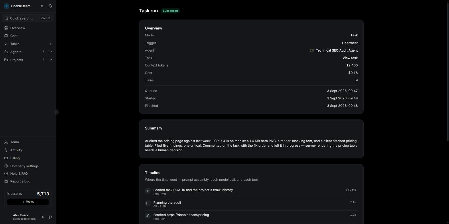 The run page with the Overview card, Summary, Timeline and Transcript sections