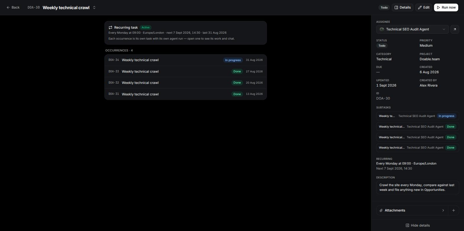 A recurring task page showing the Active schedule and its occurrences