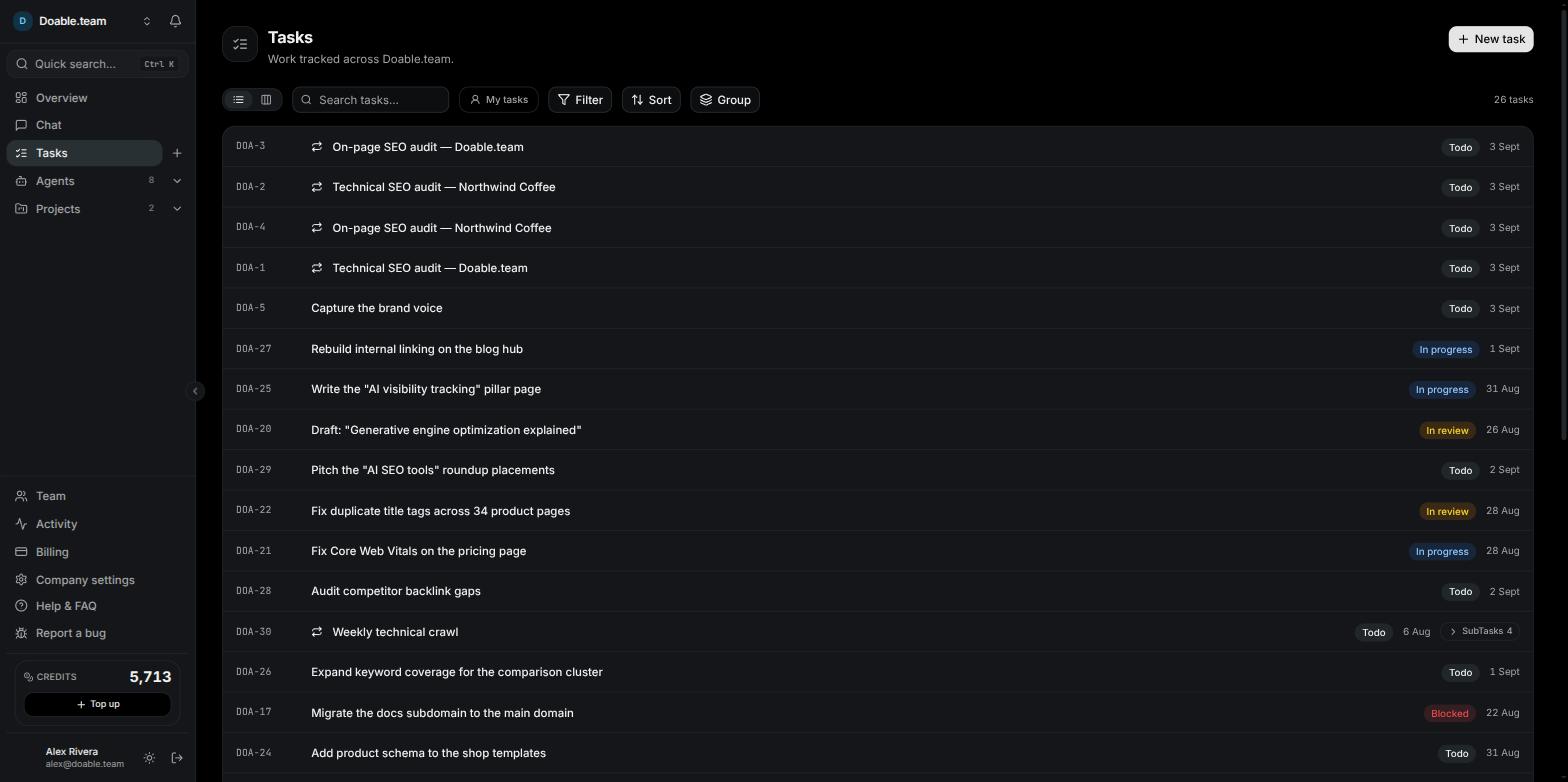 The Tasks page showing the toolbar and a list of tasks grouped by status