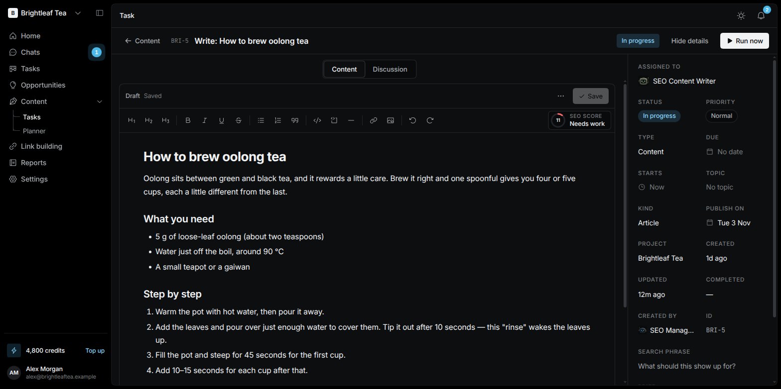 A content task open on the Content tab, showing an article draft with a formatting toolbar and the task details on the right
