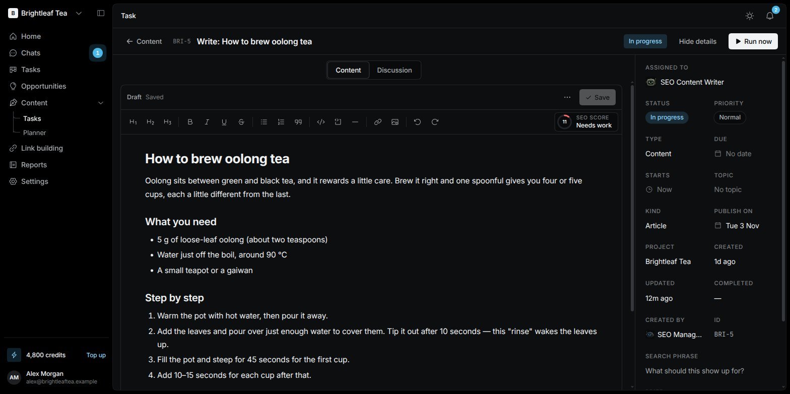 A content task open on the Content tab, showing an article draft with a formatting toolbar and the task details on the right