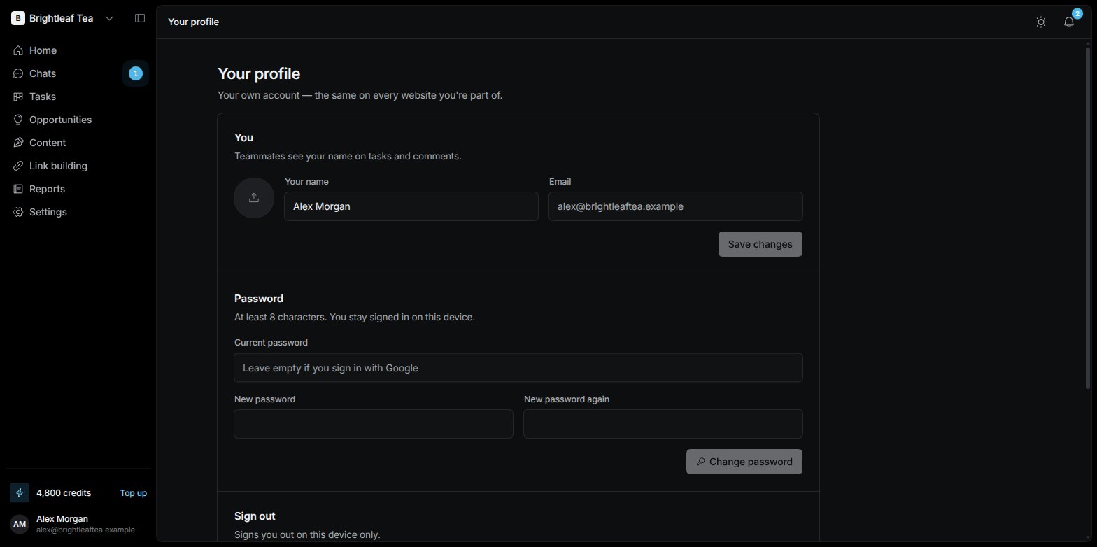 Your profile page with Your name, Email, the Password section, Sign out and Delete your account