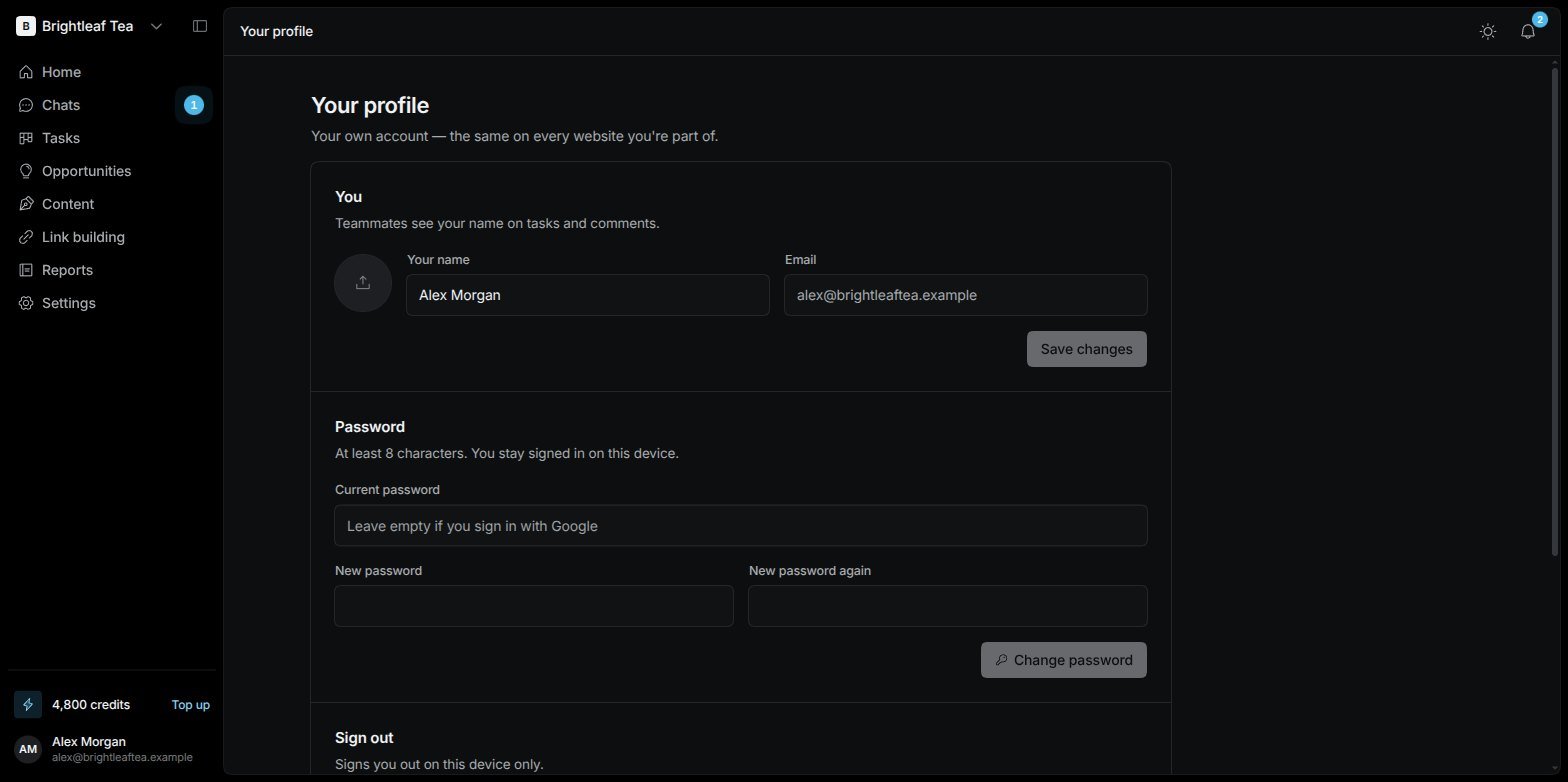 Your profile page with Your name, Email, the Password section, Sign out and Delete your account