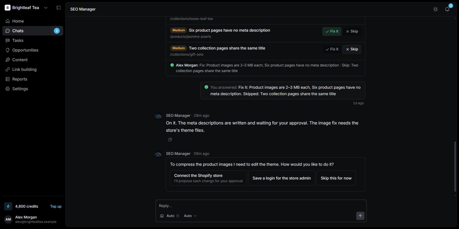 The SEO Manager chat showing a Quick wins findings card with Fix it and skip choices, the answer given, and a new question with three options waiting to be answered