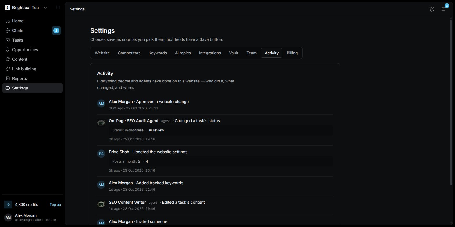 The Activity tab in Settings listing recent actions by people and agents with what changed