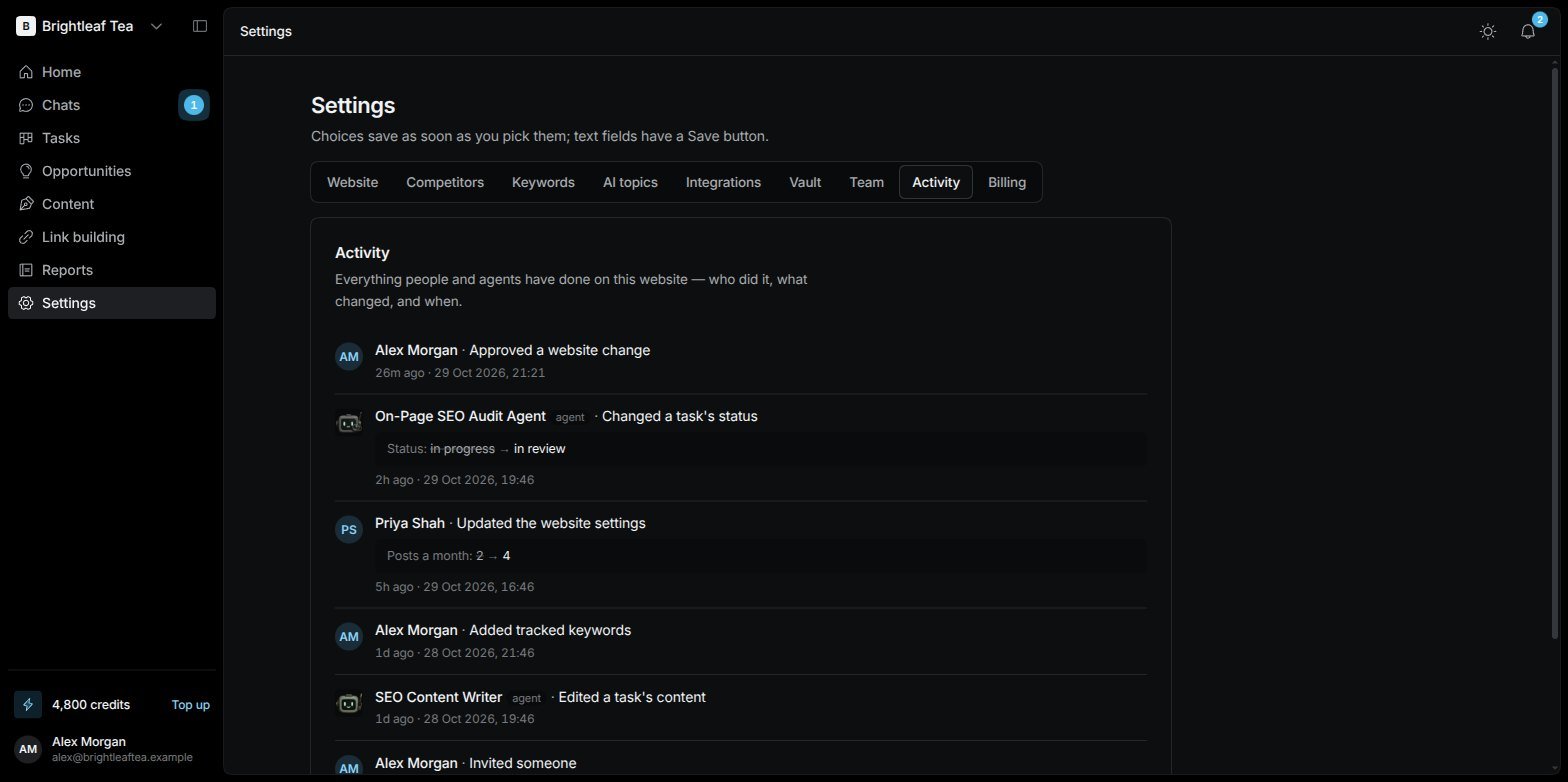 The Activity tab in Settings listing recent actions by people and agents with what changed
