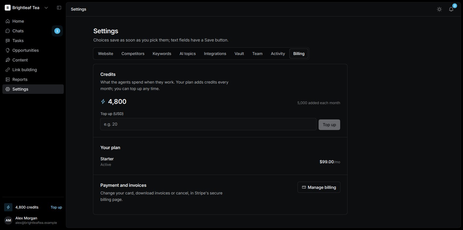 The Billing tab in Settings showing the Credits balance with a Top up box, the plan with its monthly price, and the Manage billing button