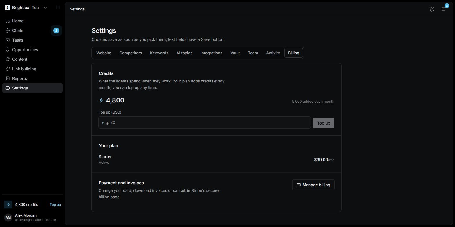 The Billing tab in Settings showing the Credits balance with a Top up box, the plan with its monthly price, and the Manage billing button