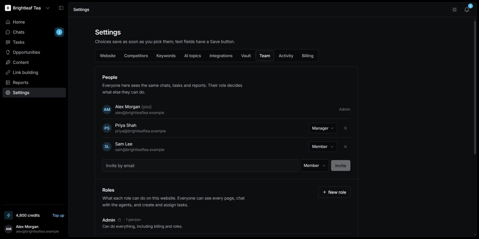 The Team tab in Settings listing people with their roles, an invite box, the AI agents, and the Roles section