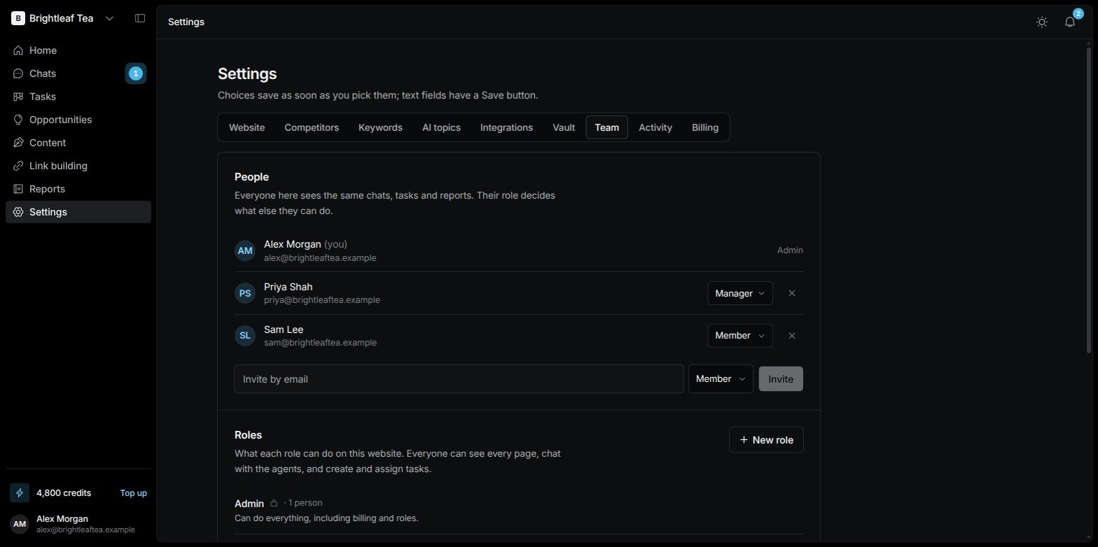 The Team tab in Settings listing people with their roles, an invite box, the AI agents, and the Roles section