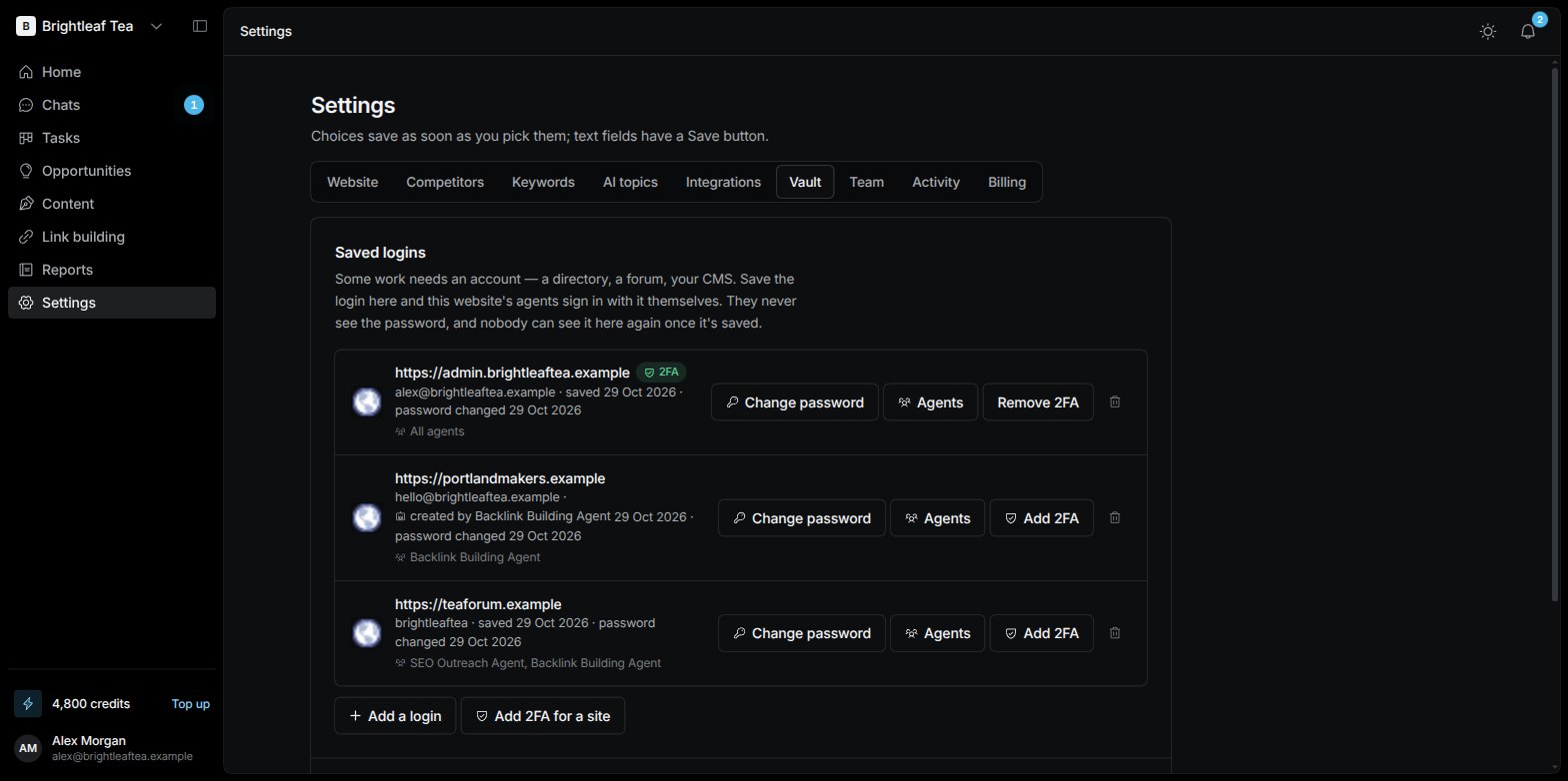The Vault tab in Settings listing saved logins by site, each with its username and the agents allowed to use it
