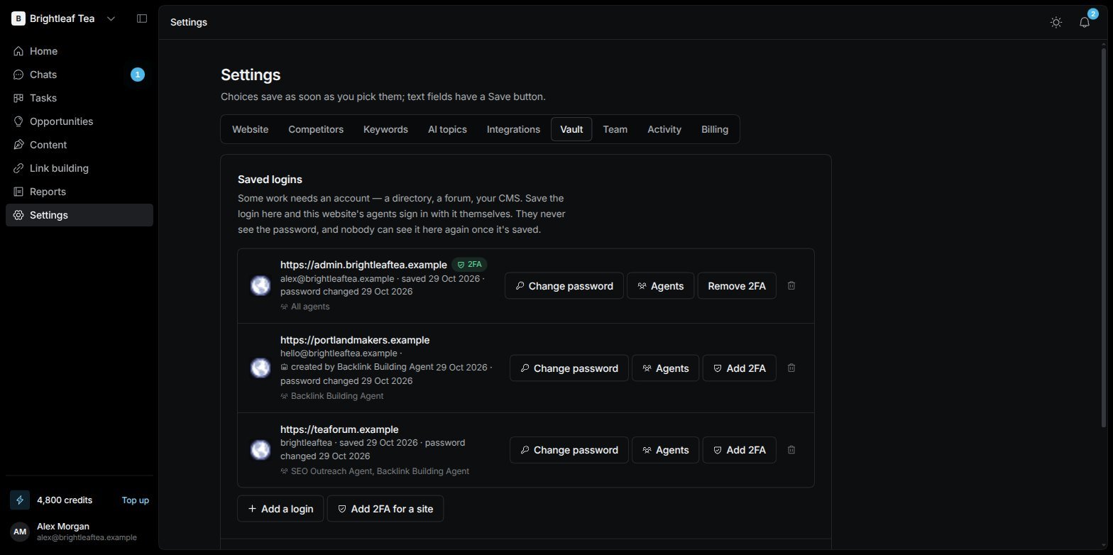 The Vault tab in Settings listing saved logins by site, each with its username and the agents allowed to use it