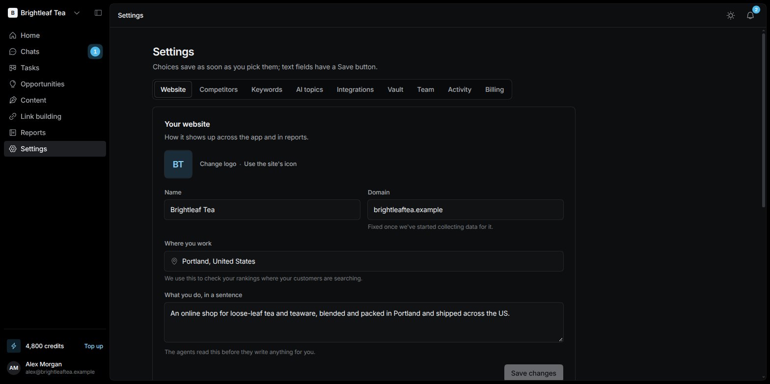 The Website tab in Settings with the name, domain, location and description fields, and the How you use Visibility choices