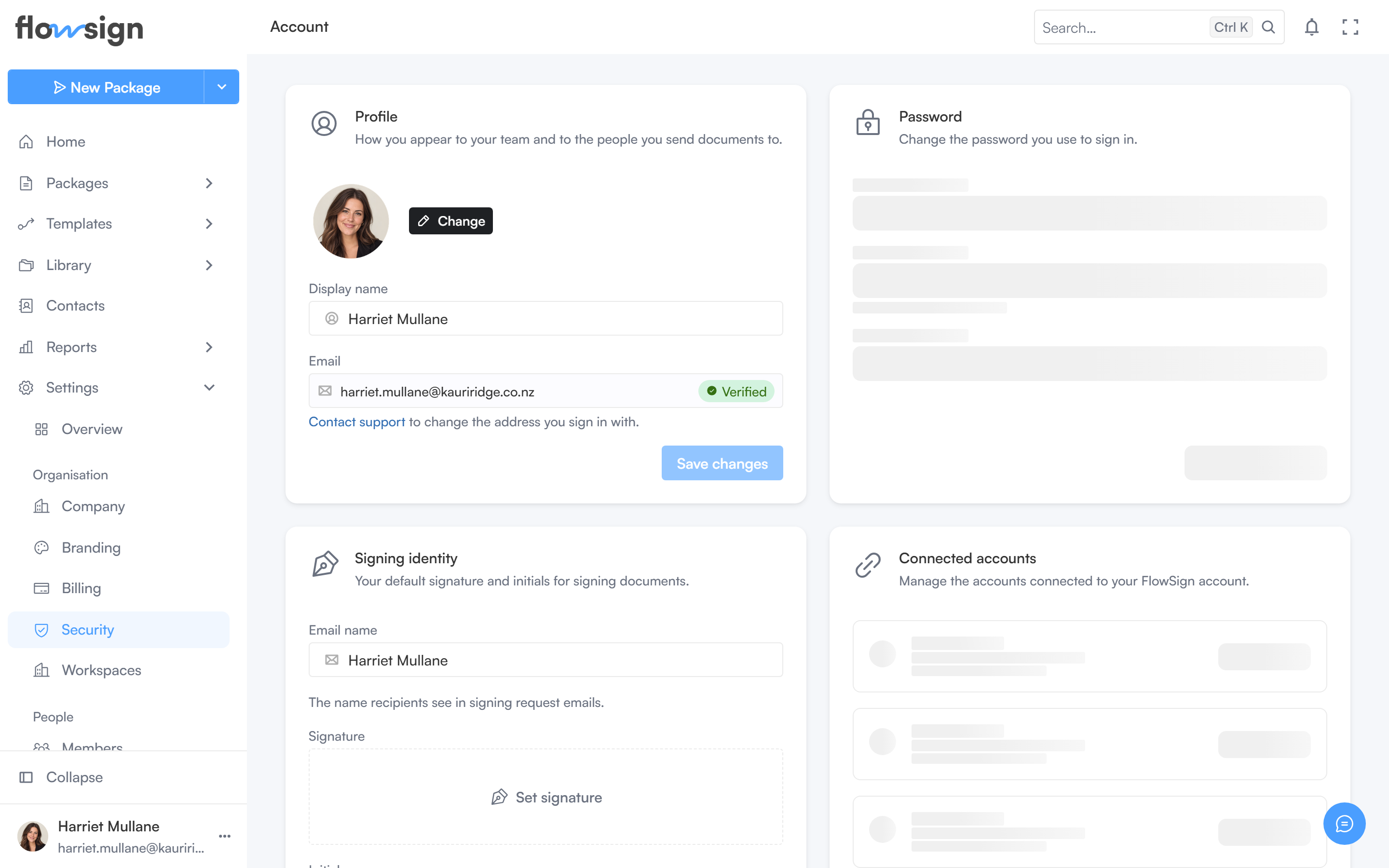 The my account page showing profile and security settings