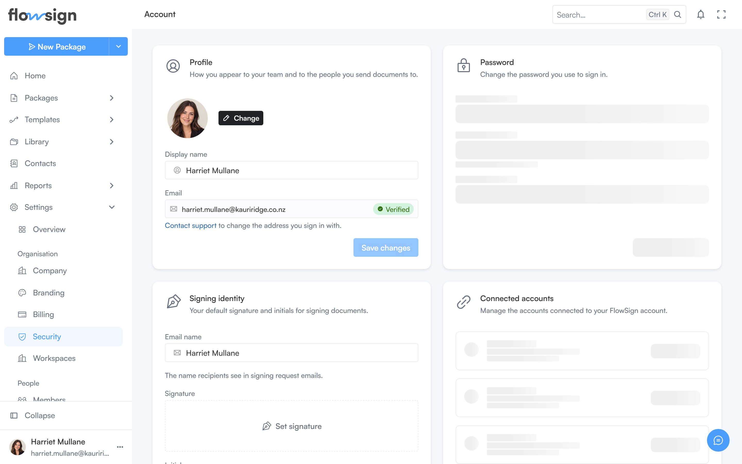 The my account page showing profile and security settings