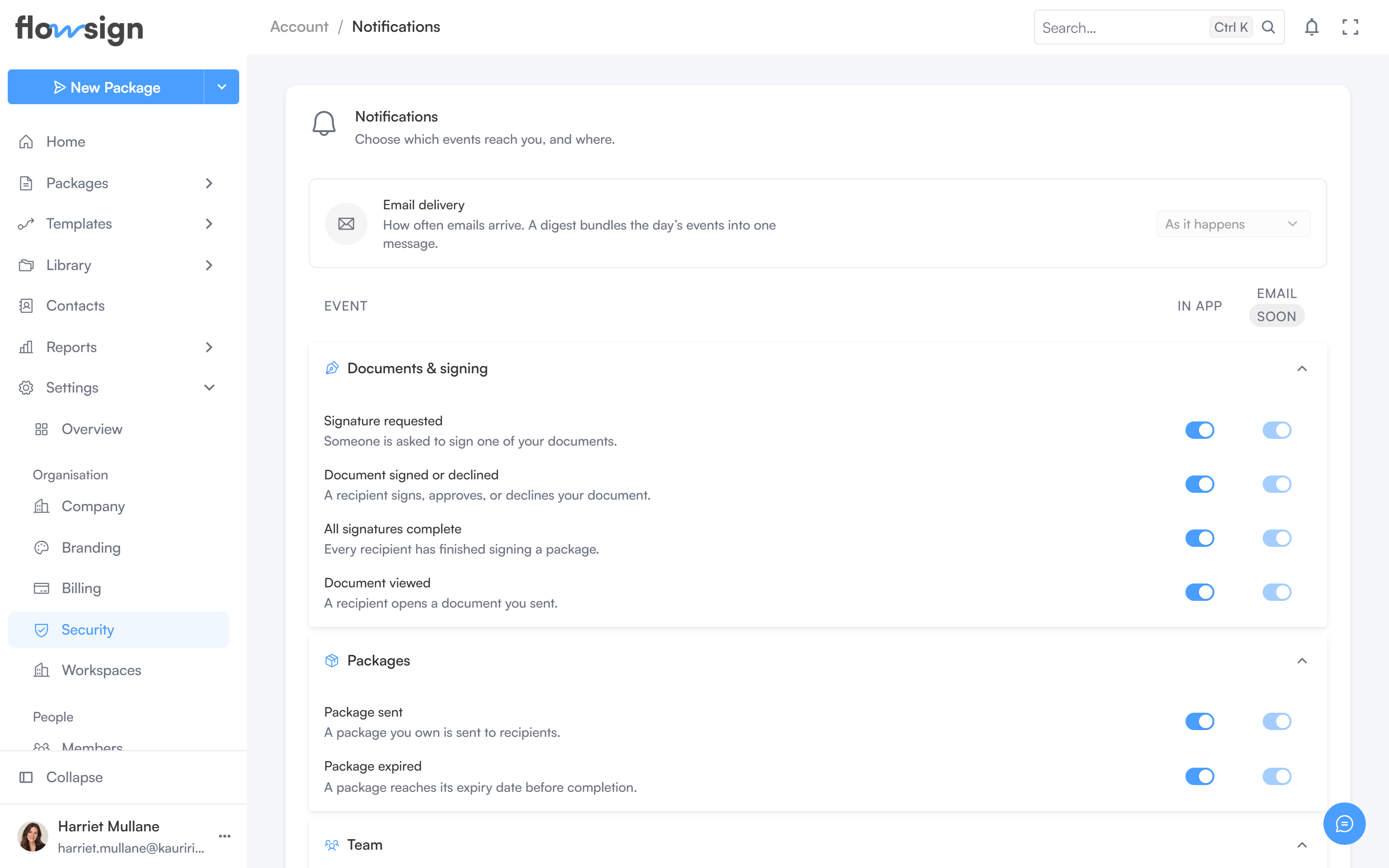 The account notification preferences page