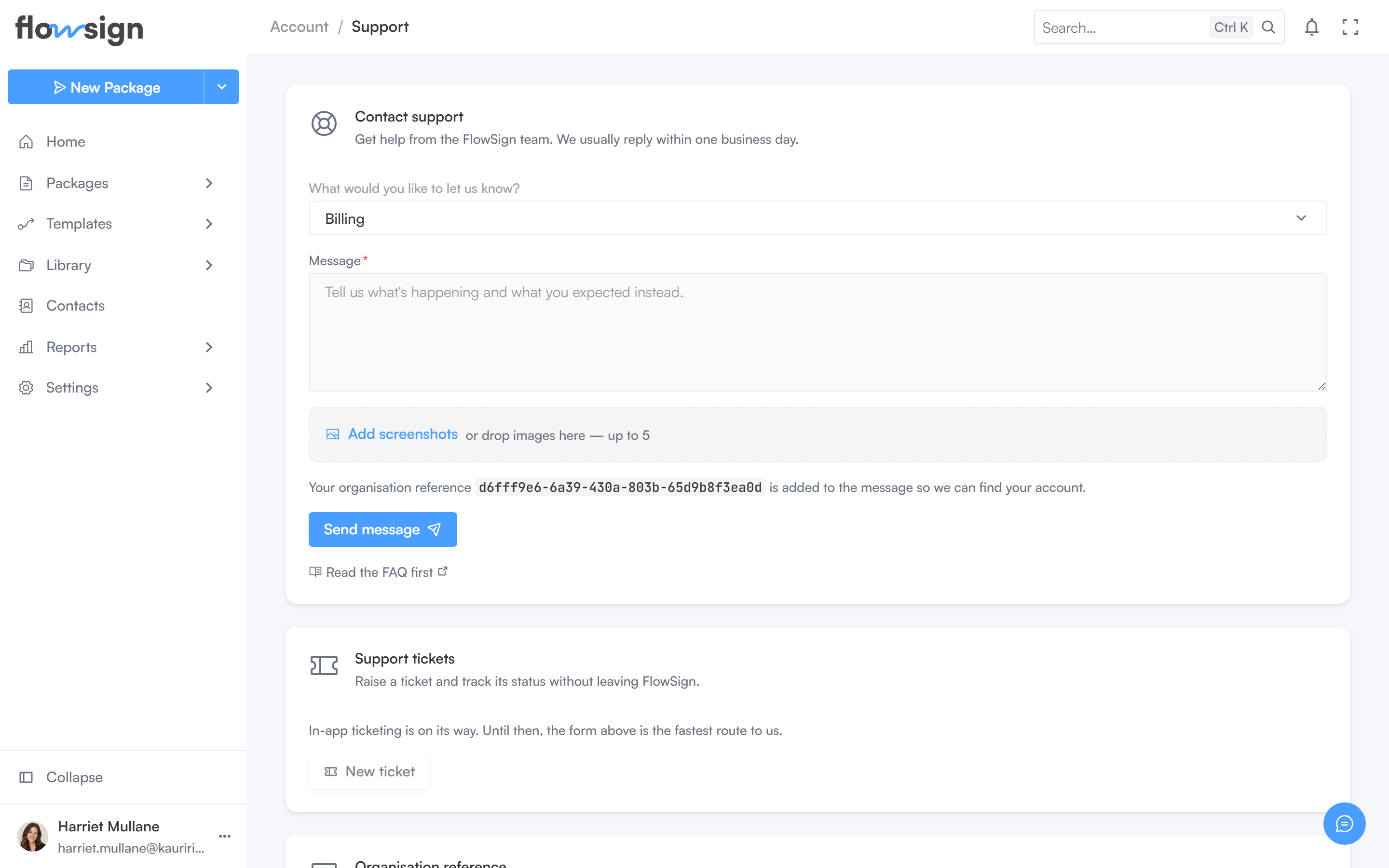 The in-app support request form