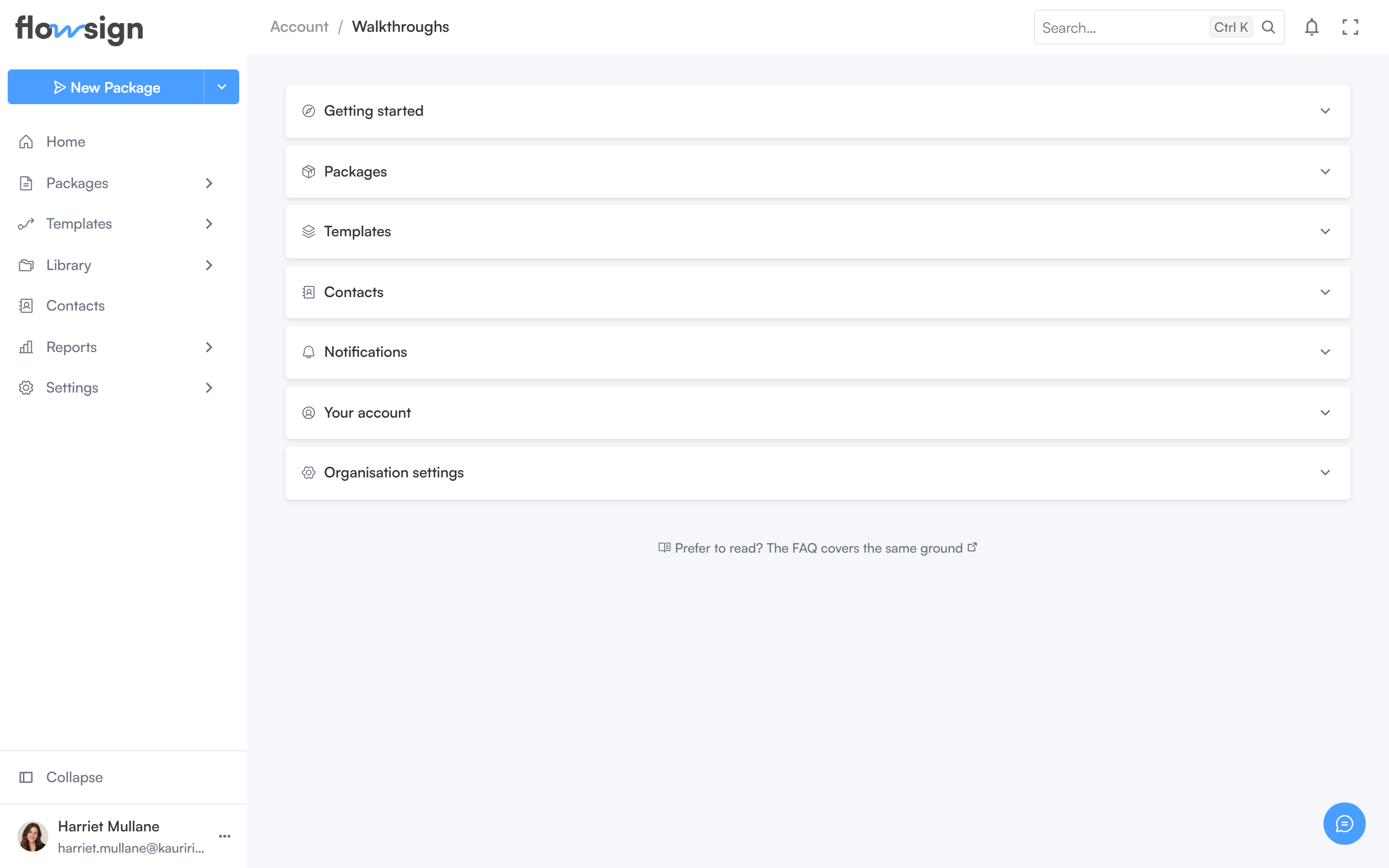 The walkthroughs page listing available product tours
