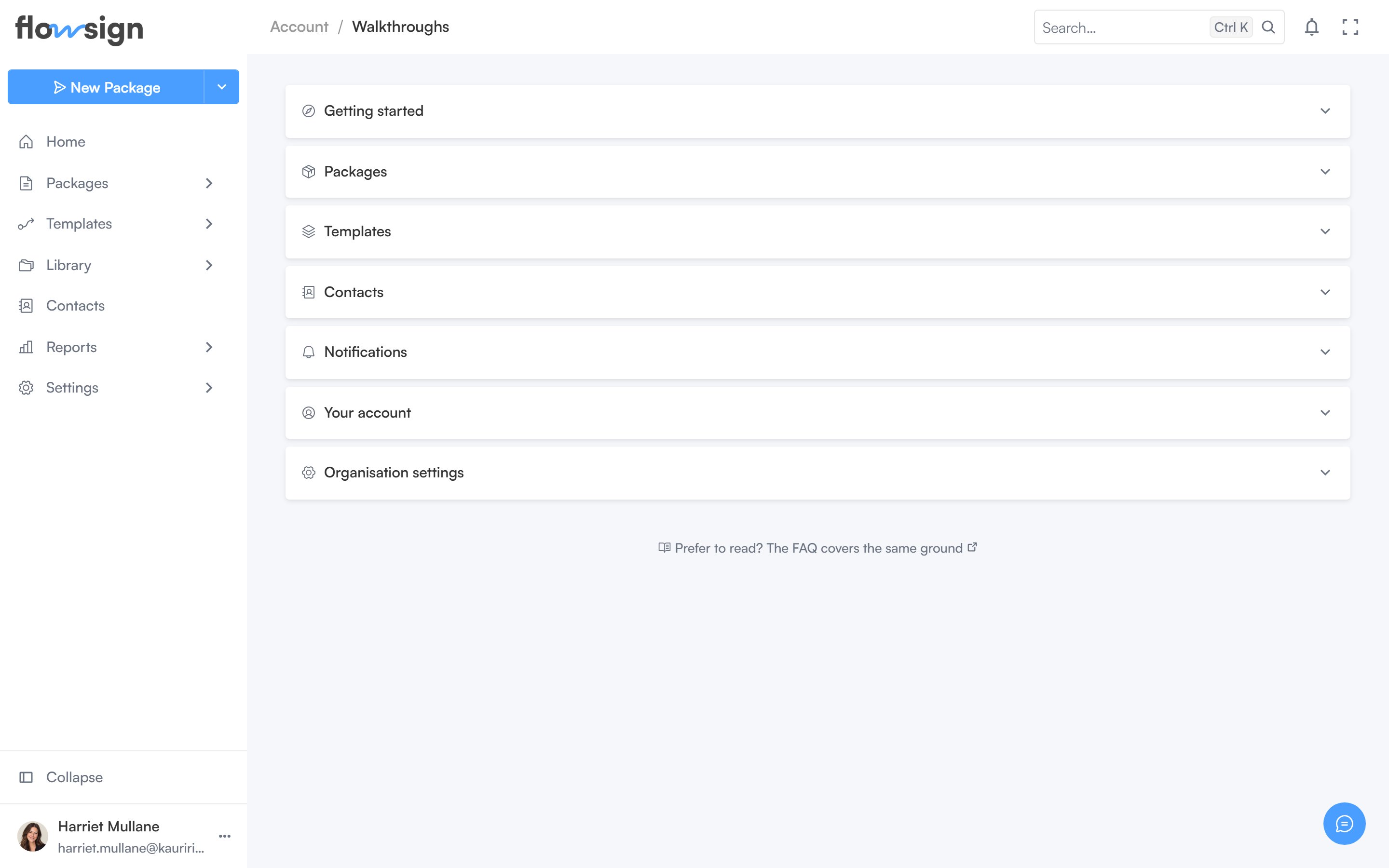 The walkthroughs page listing available product tours