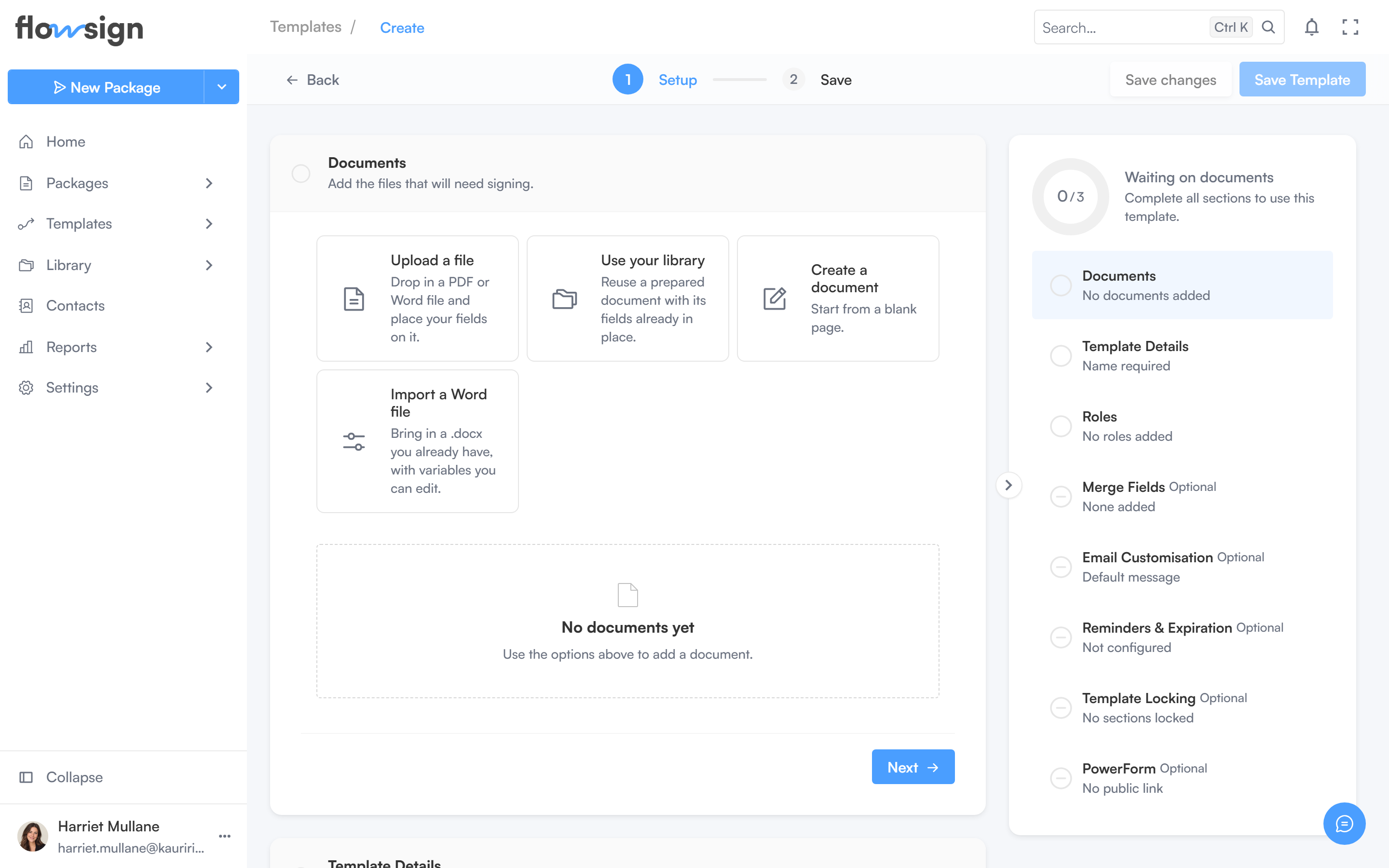 The template builder showing a template's roles and documents