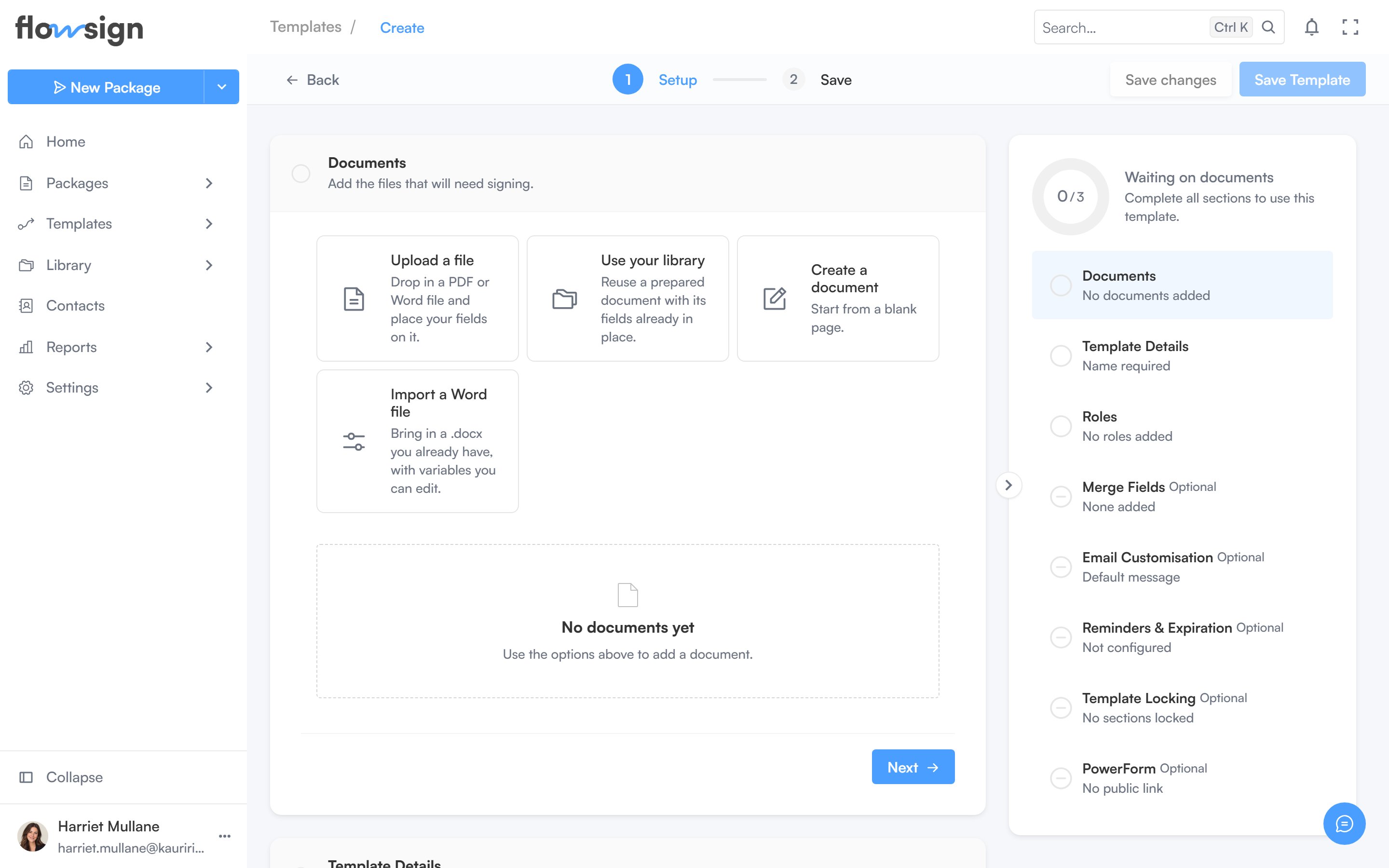 The template builder showing a template's roles and documents