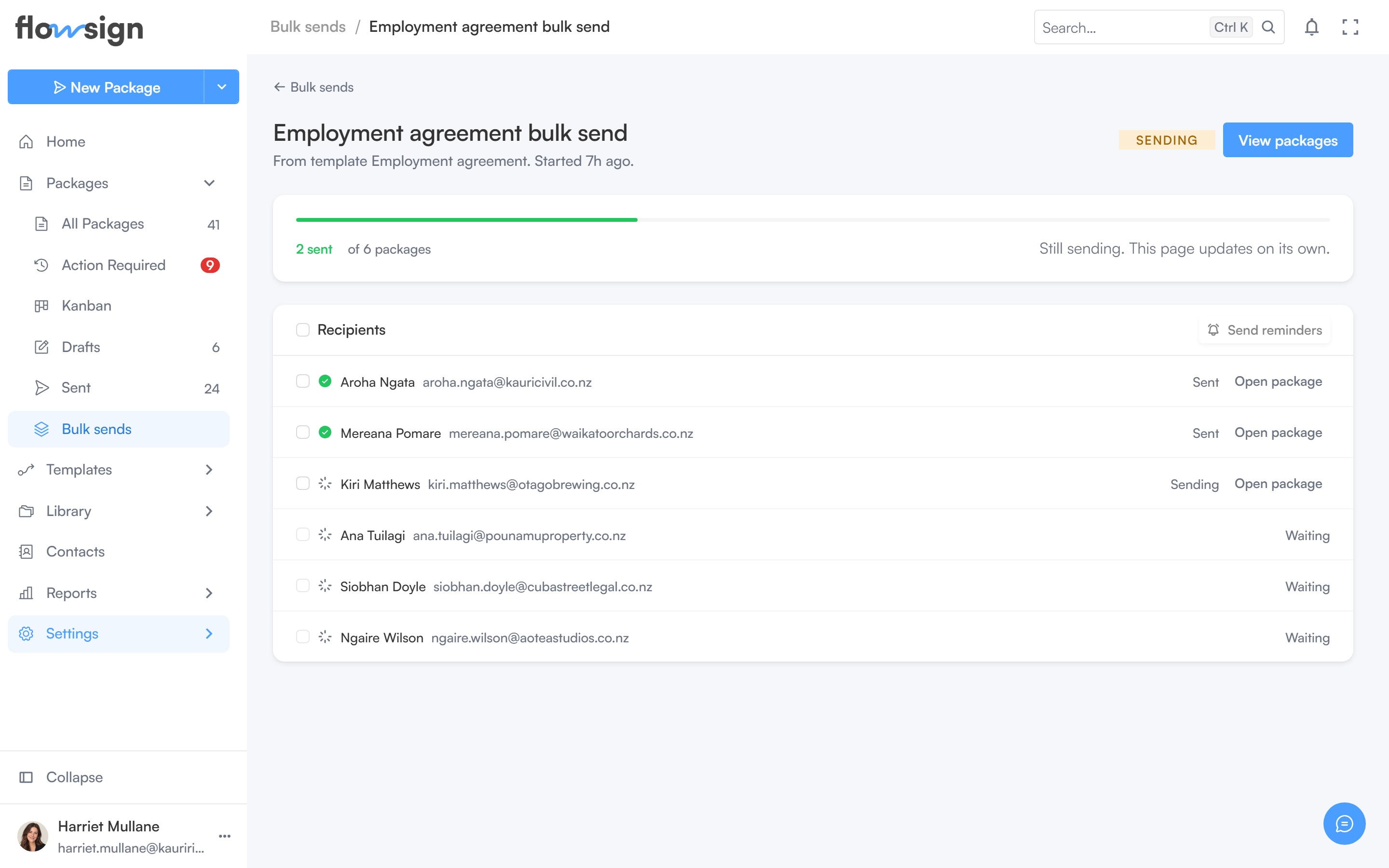A bulk send detail page listing the recipients in the batch