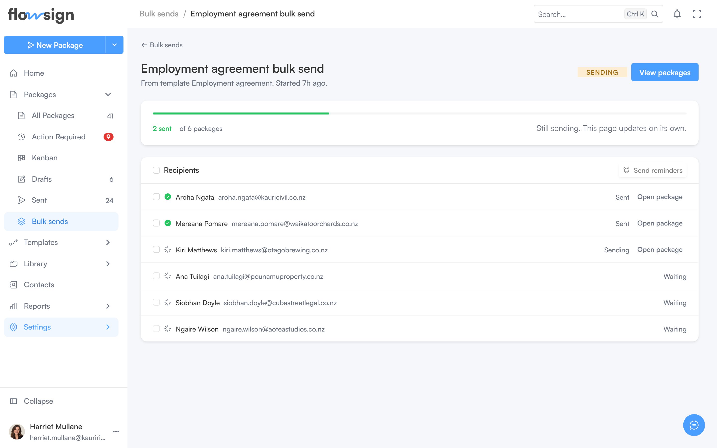 A bulk send detail page listing the recipients in the batch