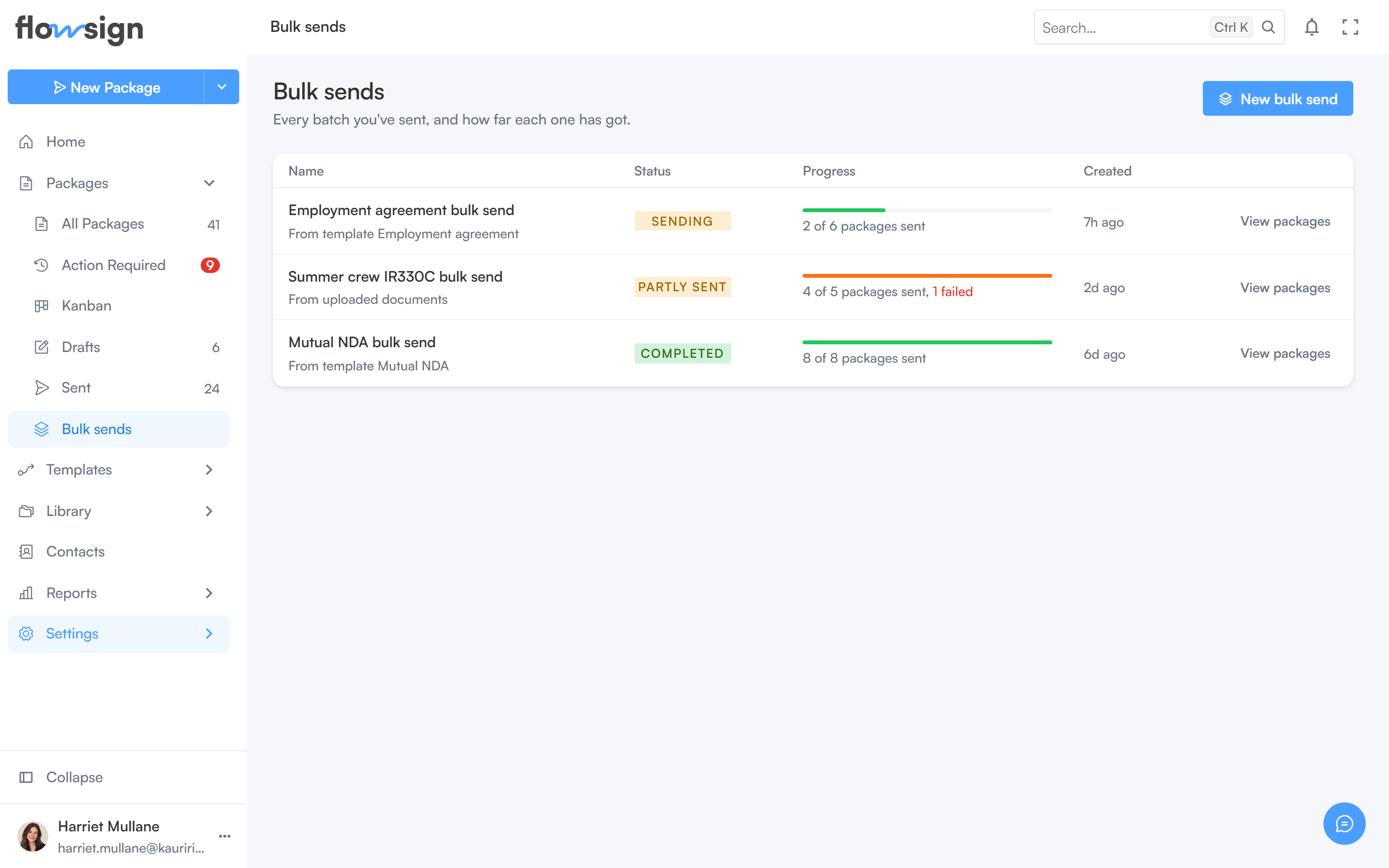 The bulk sends list showing each batch's status and progress
