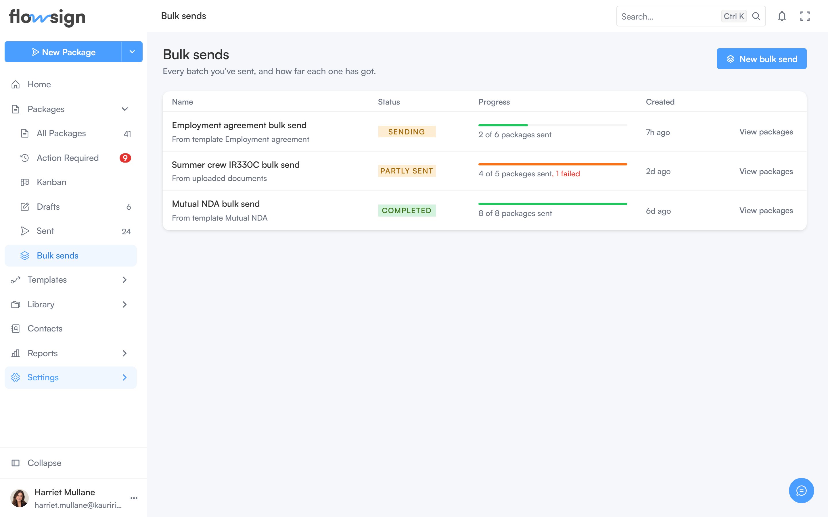 The bulk sends list showing each batch's status and progress