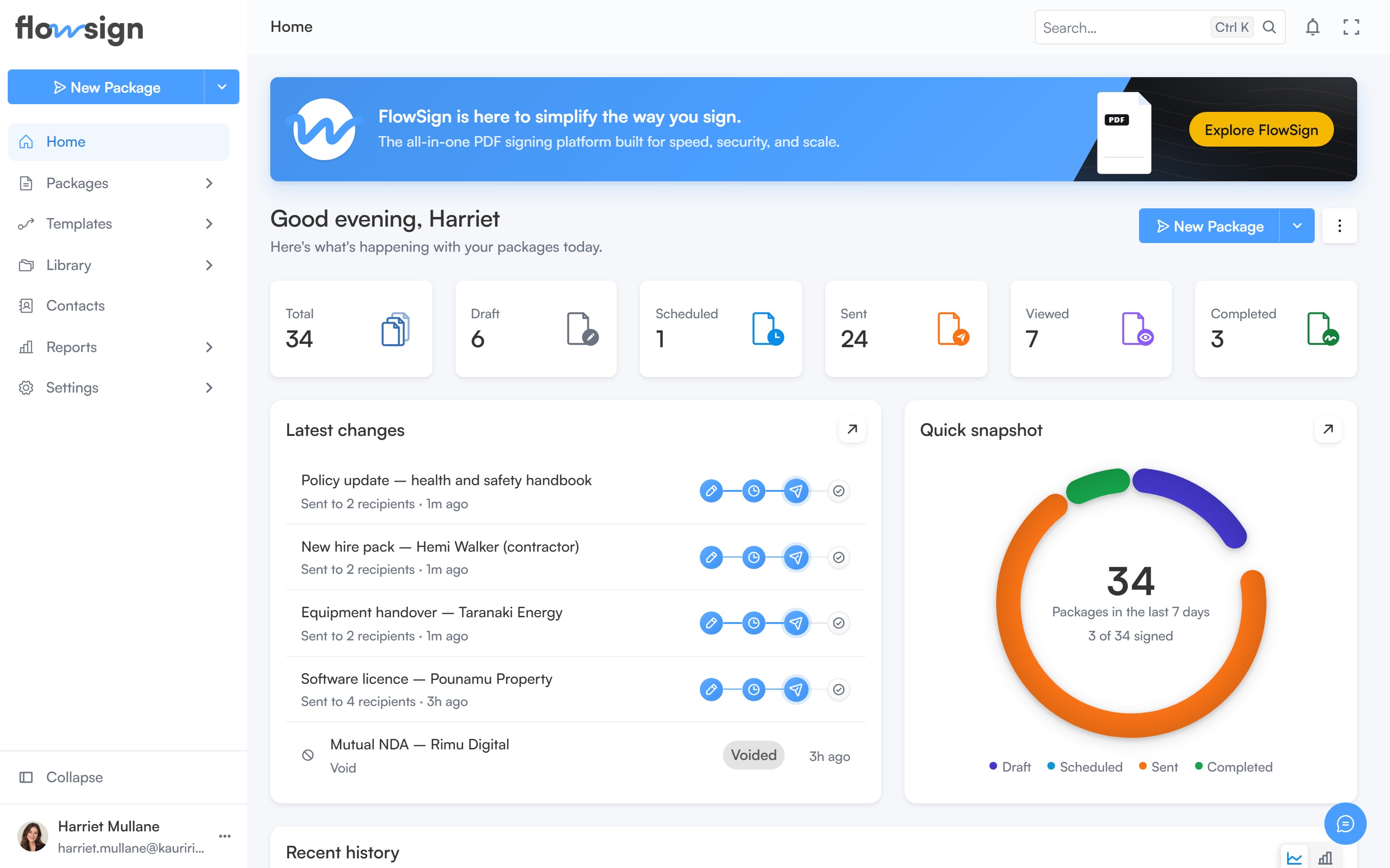 The FlowSign home page showing package stat cards, latest changes and a quick snapshot chart