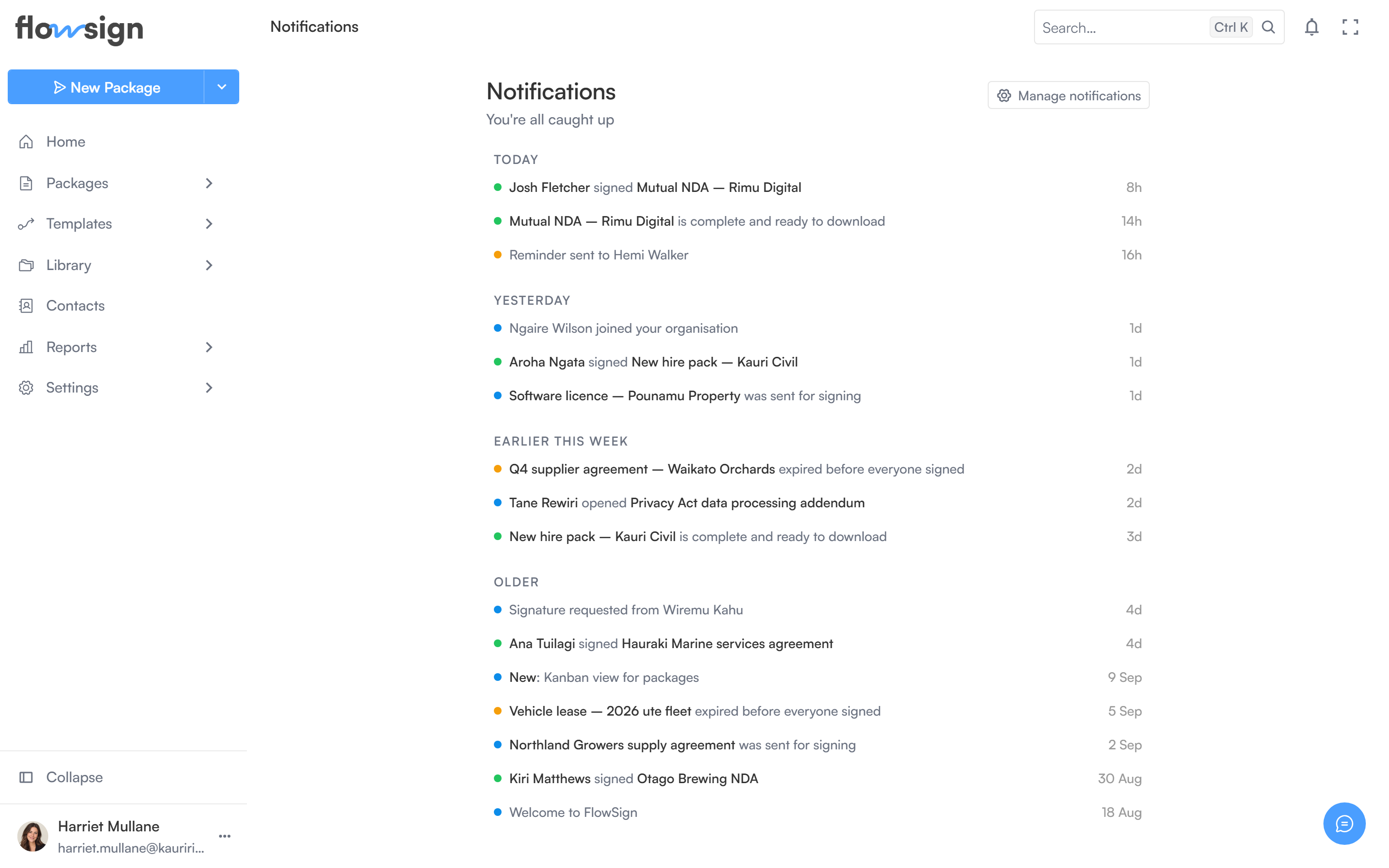 The notifications page listing recent updates about packages and documents