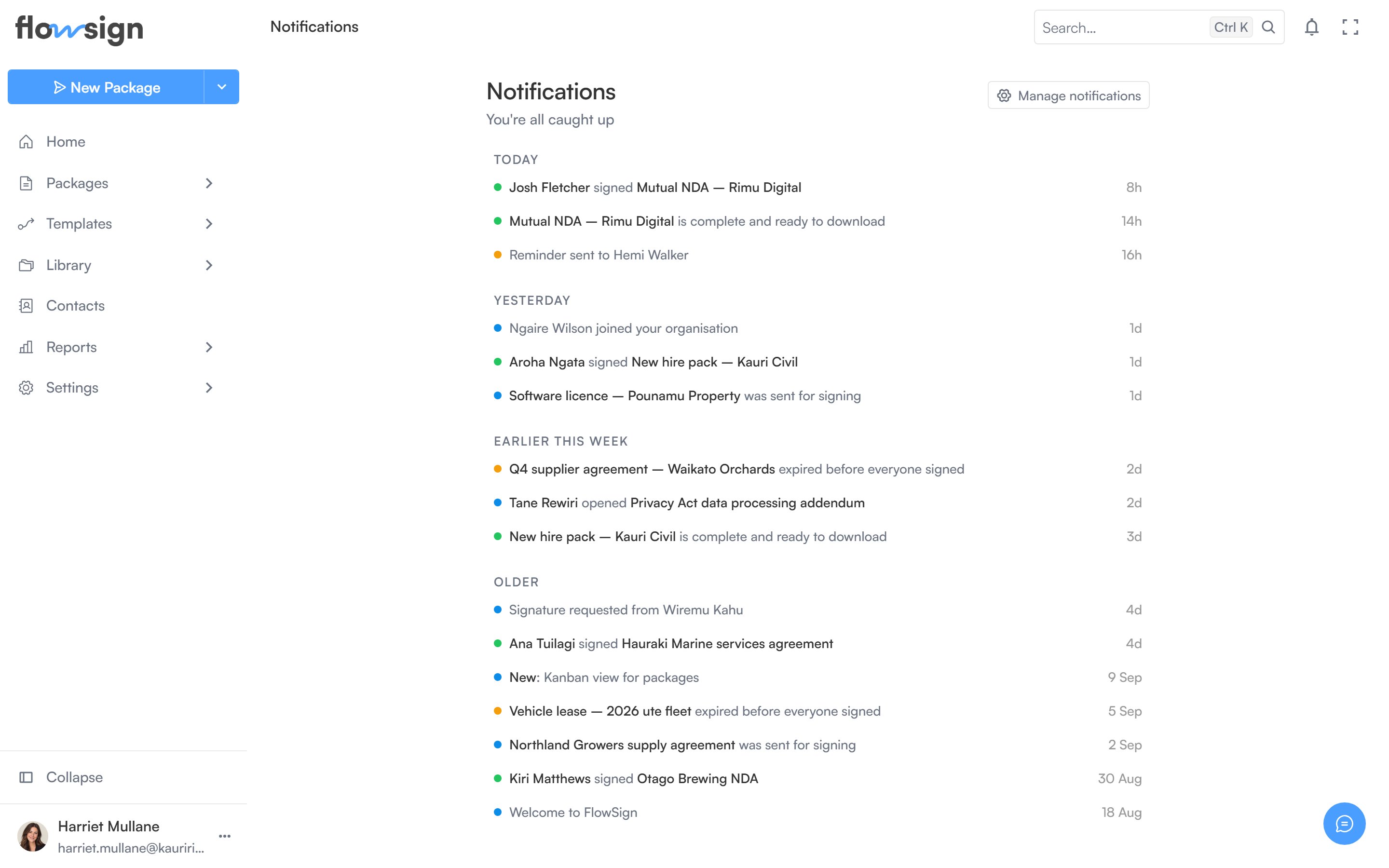 The notifications page listing recent updates about packages and documents