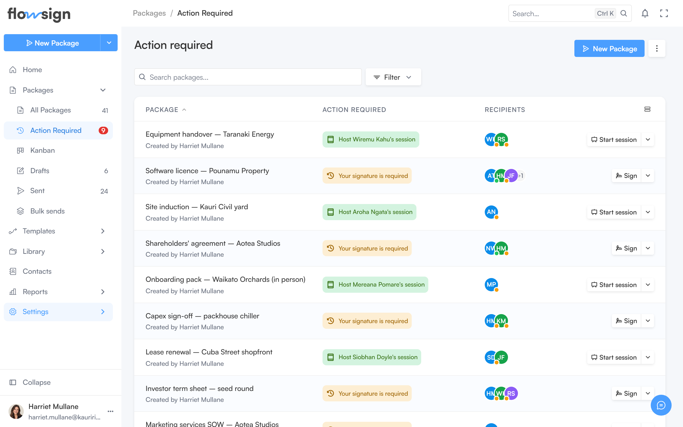 The packages list filtered to packages awaiting the signed-in user