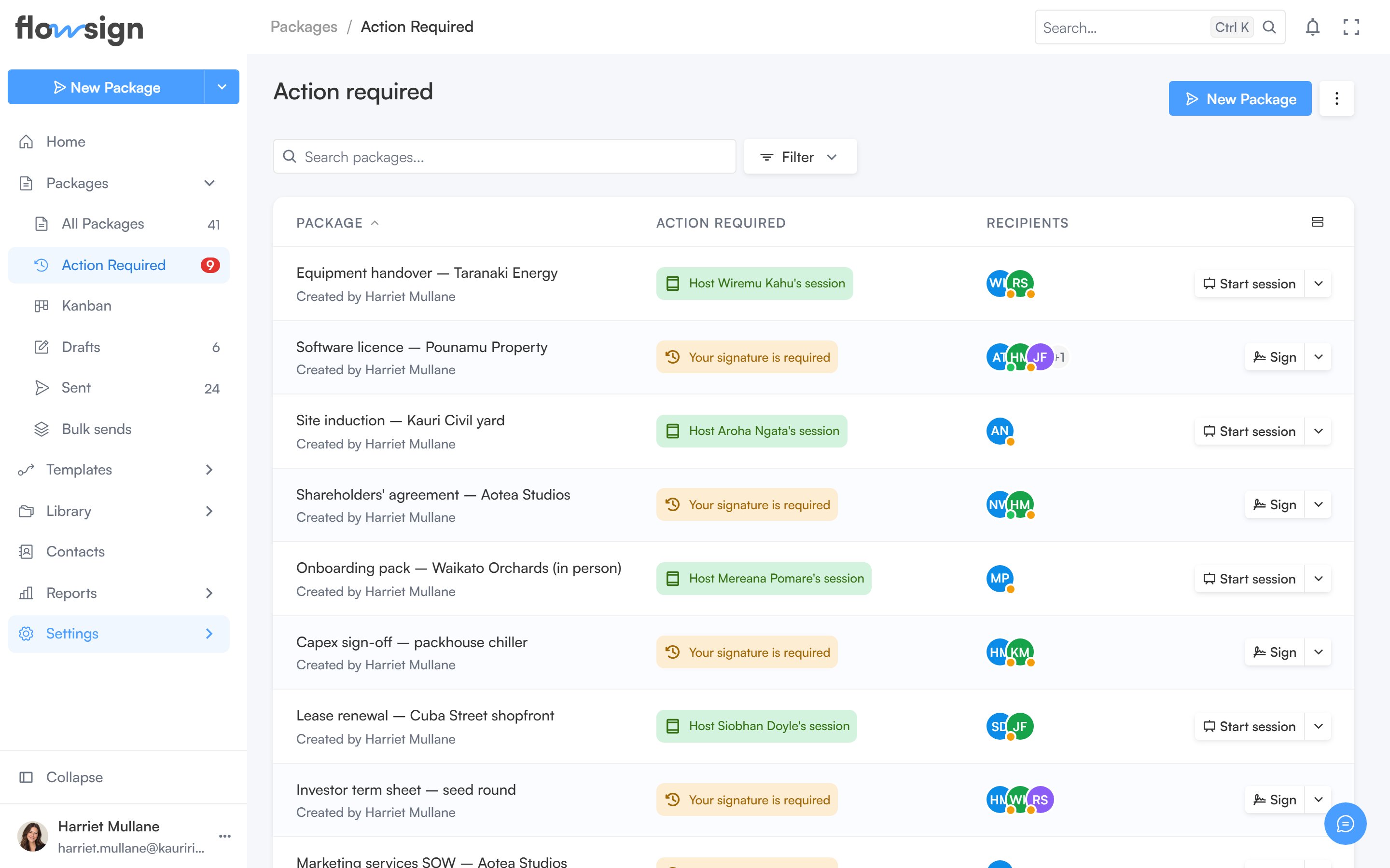 The packages list filtered to packages awaiting the signed-in user