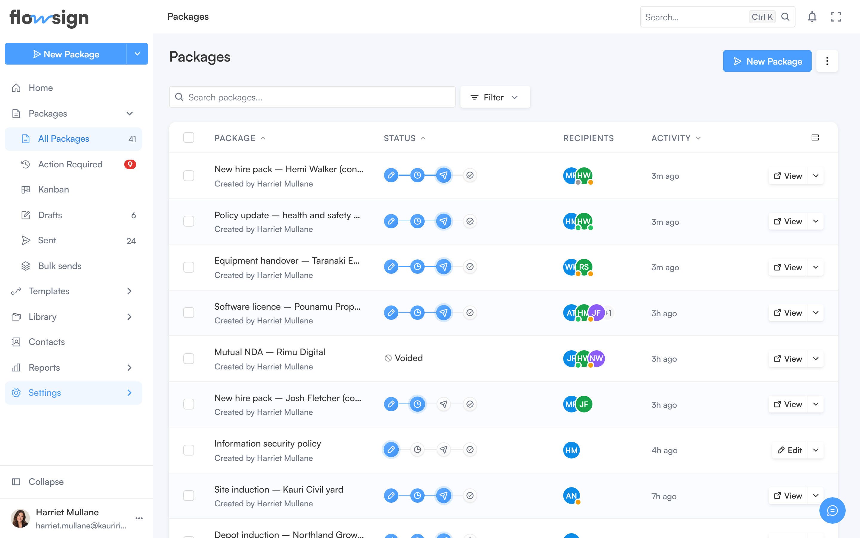 The packages list showing each package's title, status tag, recipients and recent activity