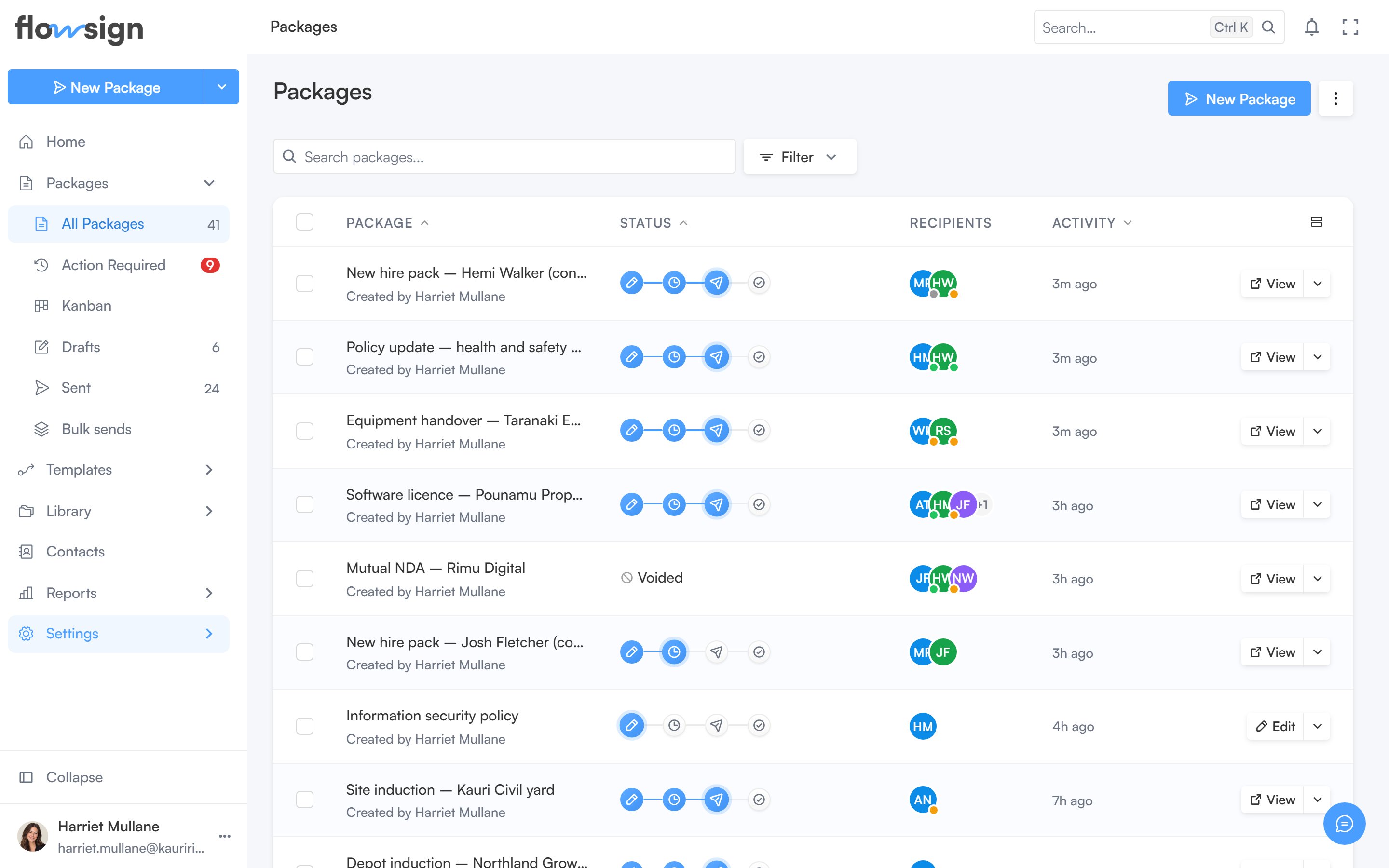 The packages list showing each package's title, status tag, recipients and recent activity