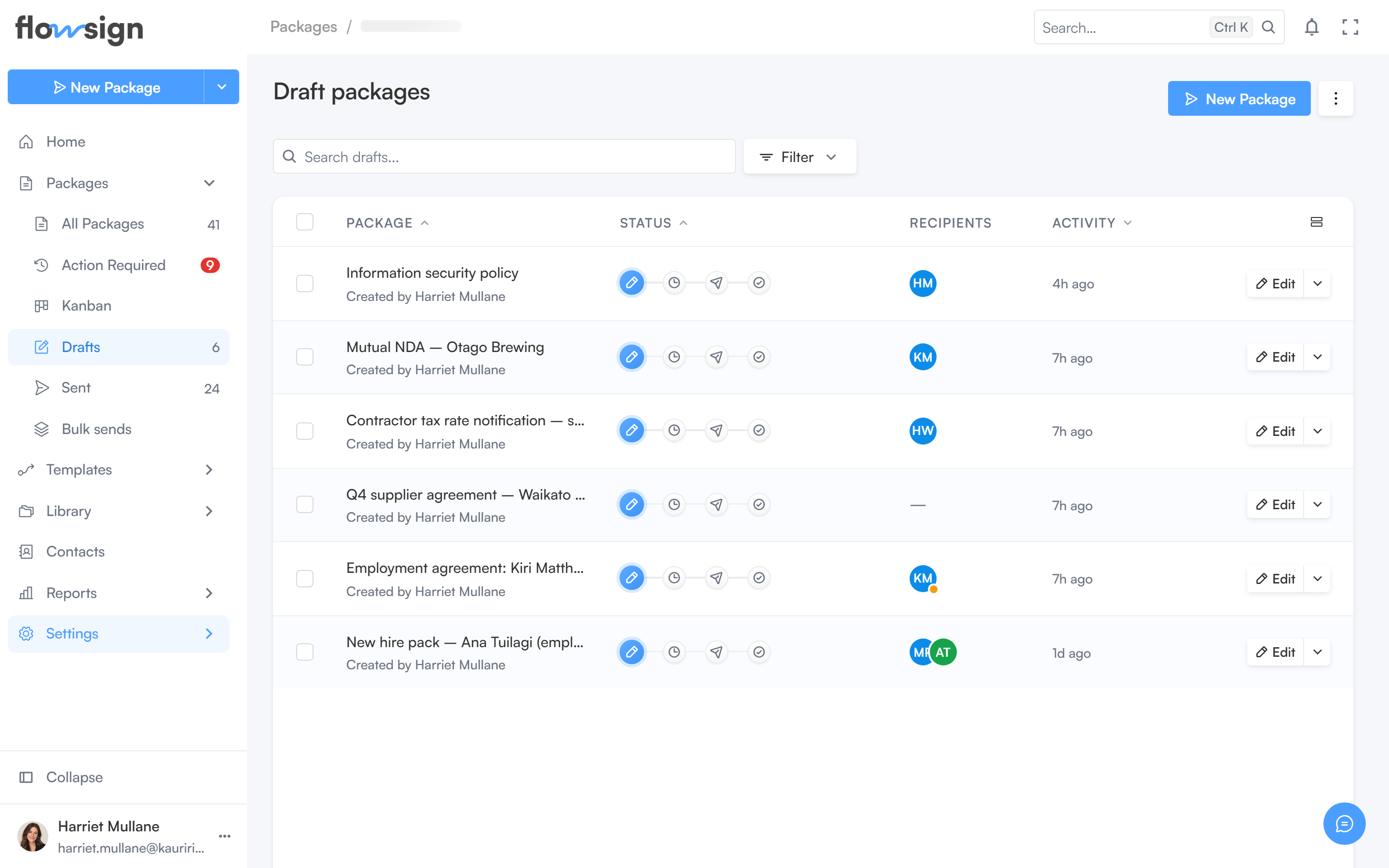 The packages list pinned to the Draft status