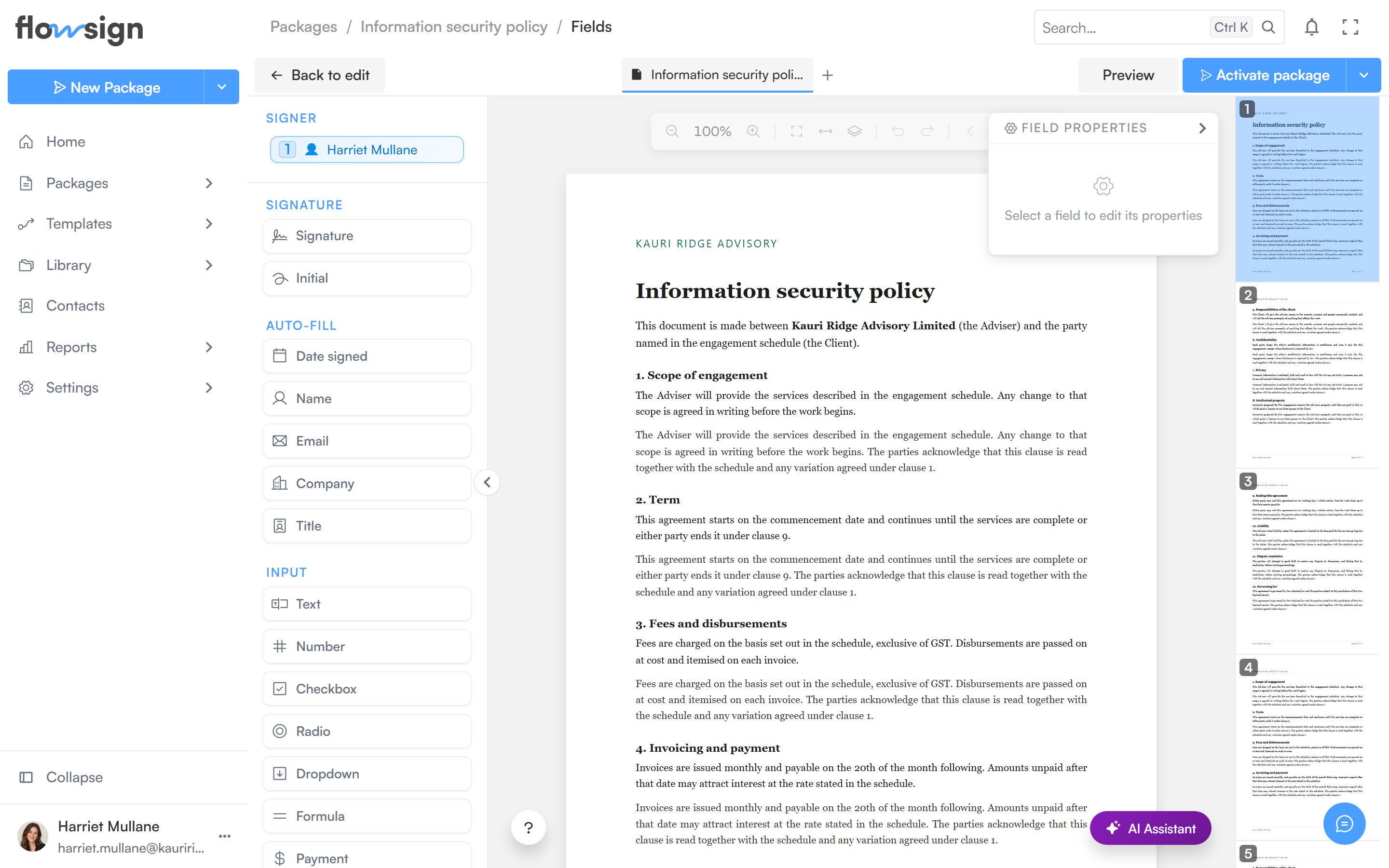 The field editor with the document canvas and the field toolbar