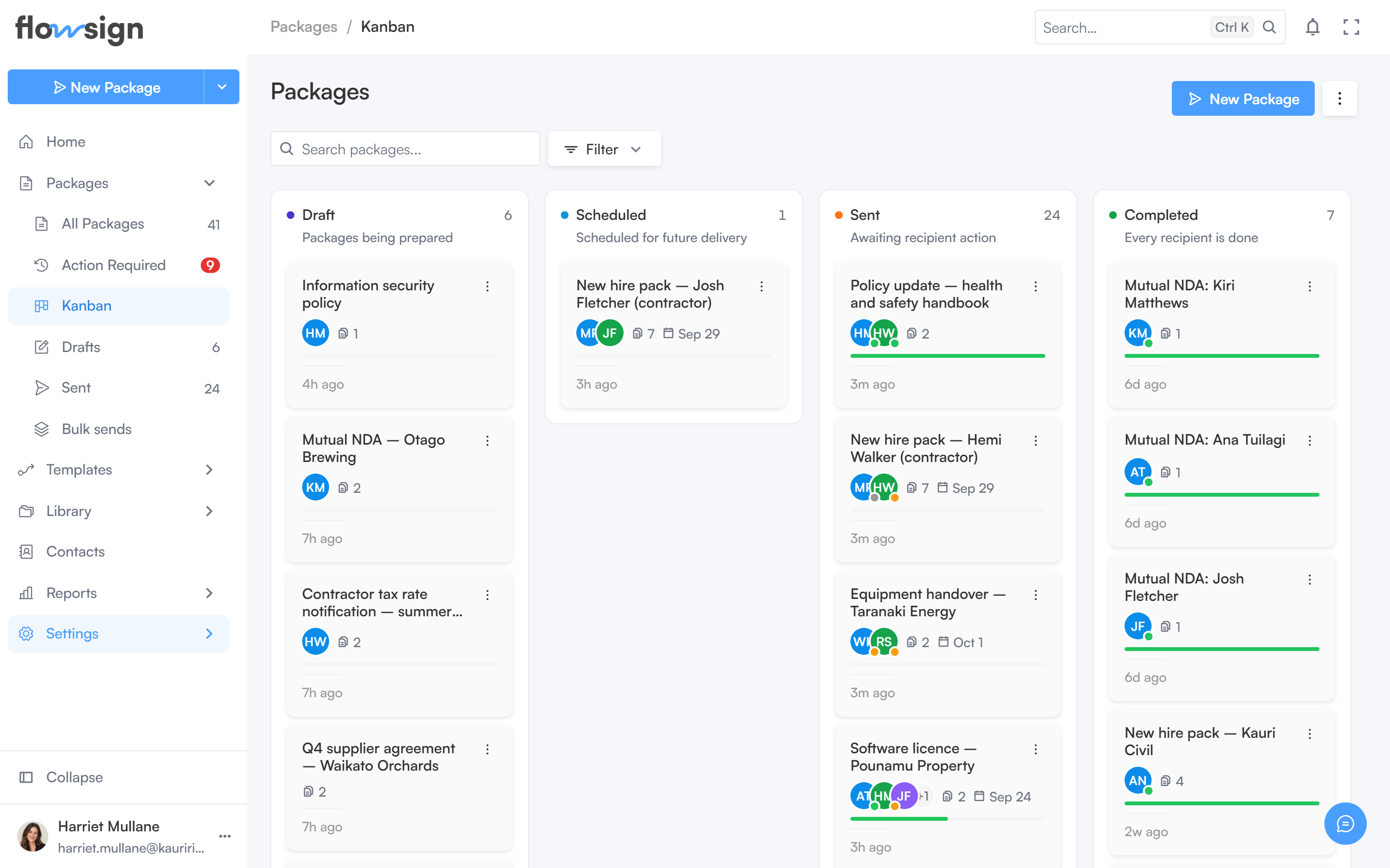 The packages board view with a column for each status