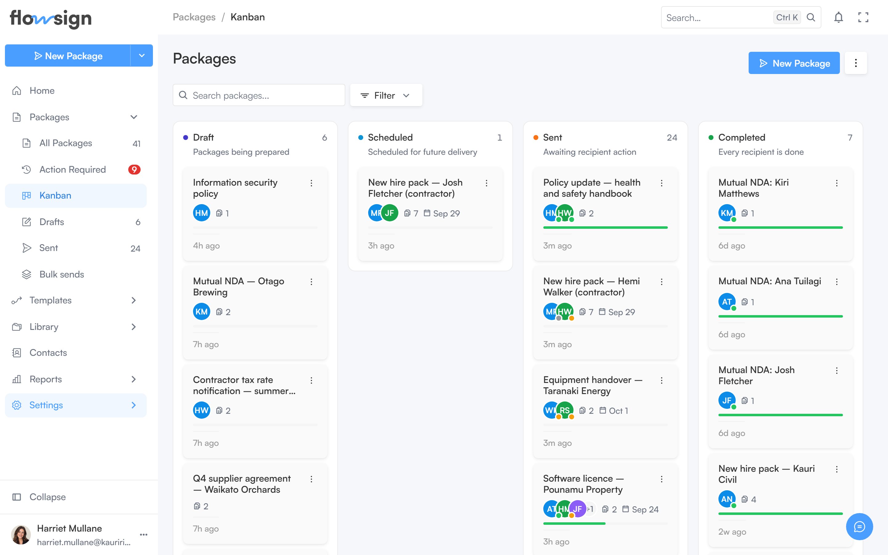 The packages board view with a column for each status
