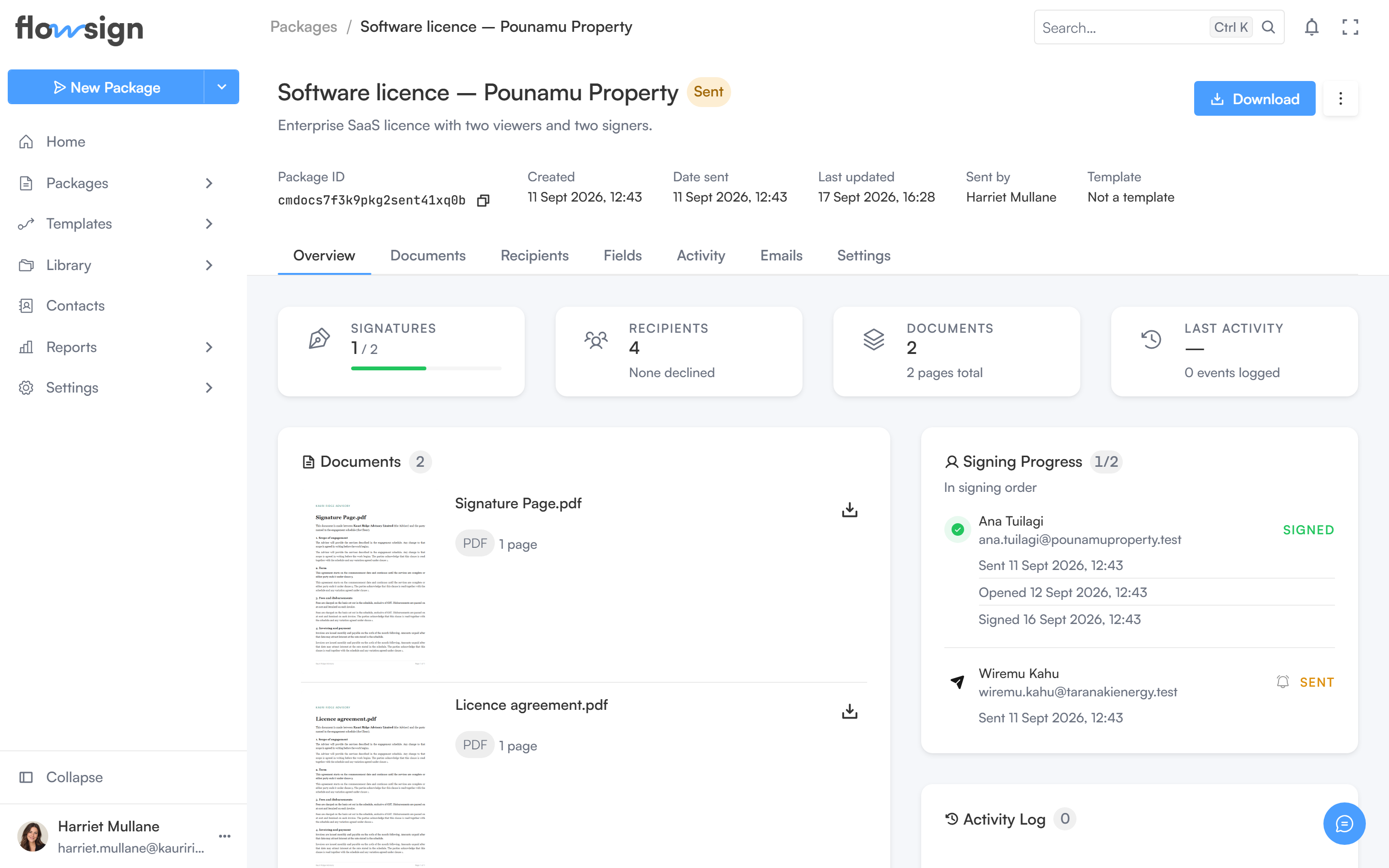 A package detail page showing recipients, documents and activity